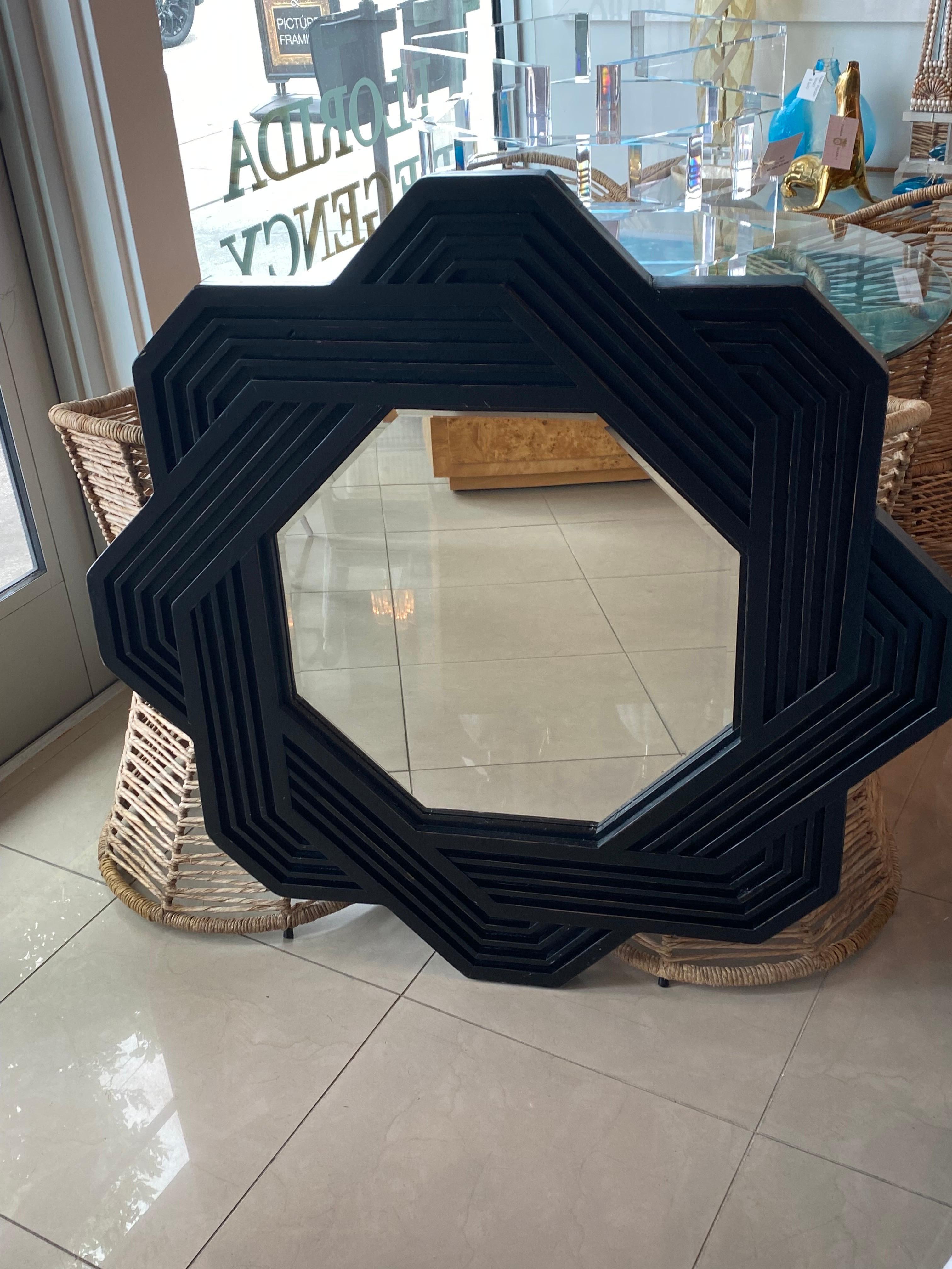 Vintage Large Solid Wood Geometric Abstract  Modern Wall Mirror In Good Condition For Sale In West Palm Beach, FL