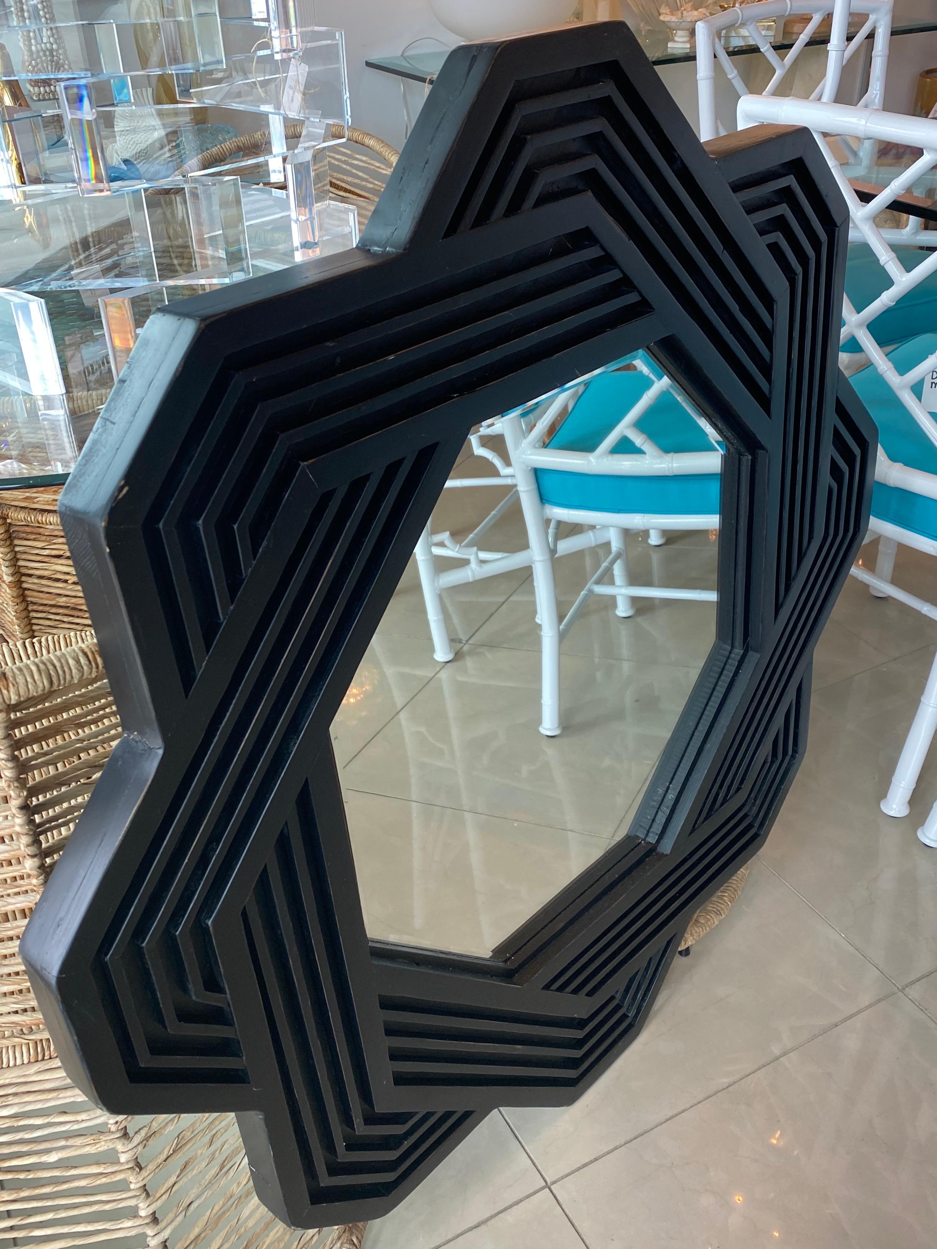 Vintage Large Solid Wood Geometric Abstract  Modern Wall Mirror For Sale 1