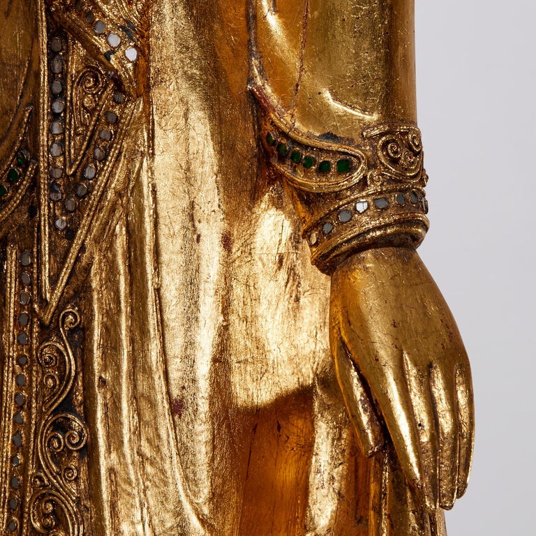 Bouddha Debout Mandalay Birman - Statue En Bois Doré Incrusté - Occasion