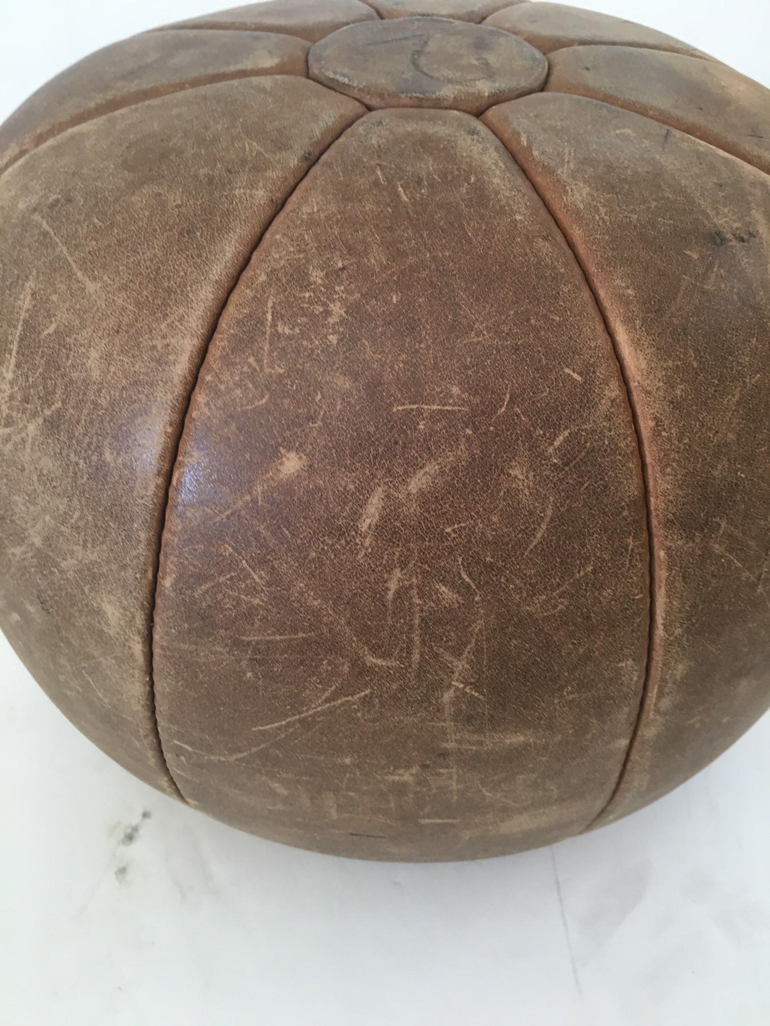 Vintage Large Tan Genuine Leather Medicine Ball For Sale 1