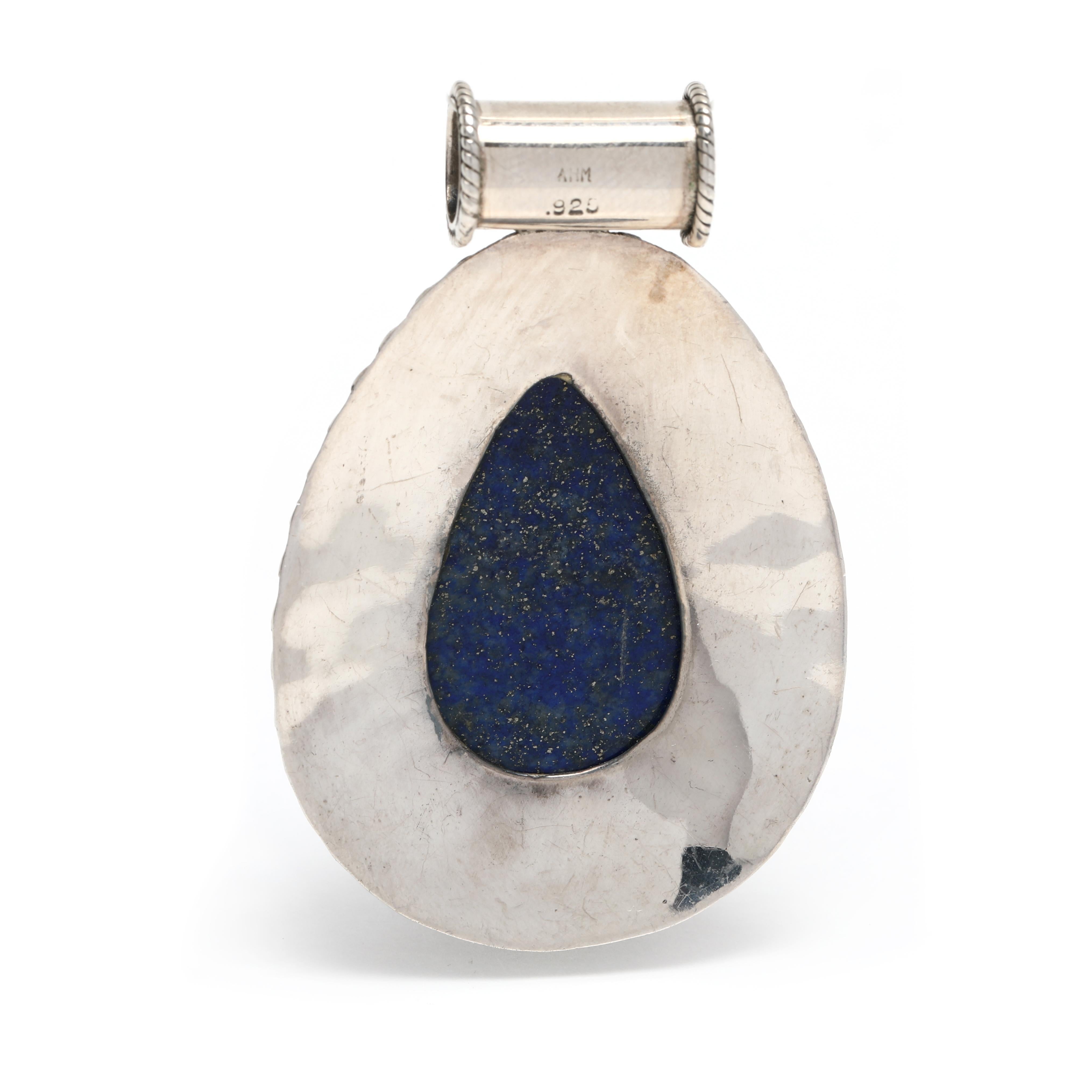 Pear Cut Vintage Large Teardrop Lapis Lazuli Beaded Pendant, Sterling Silver, Length 2.25 For Sale