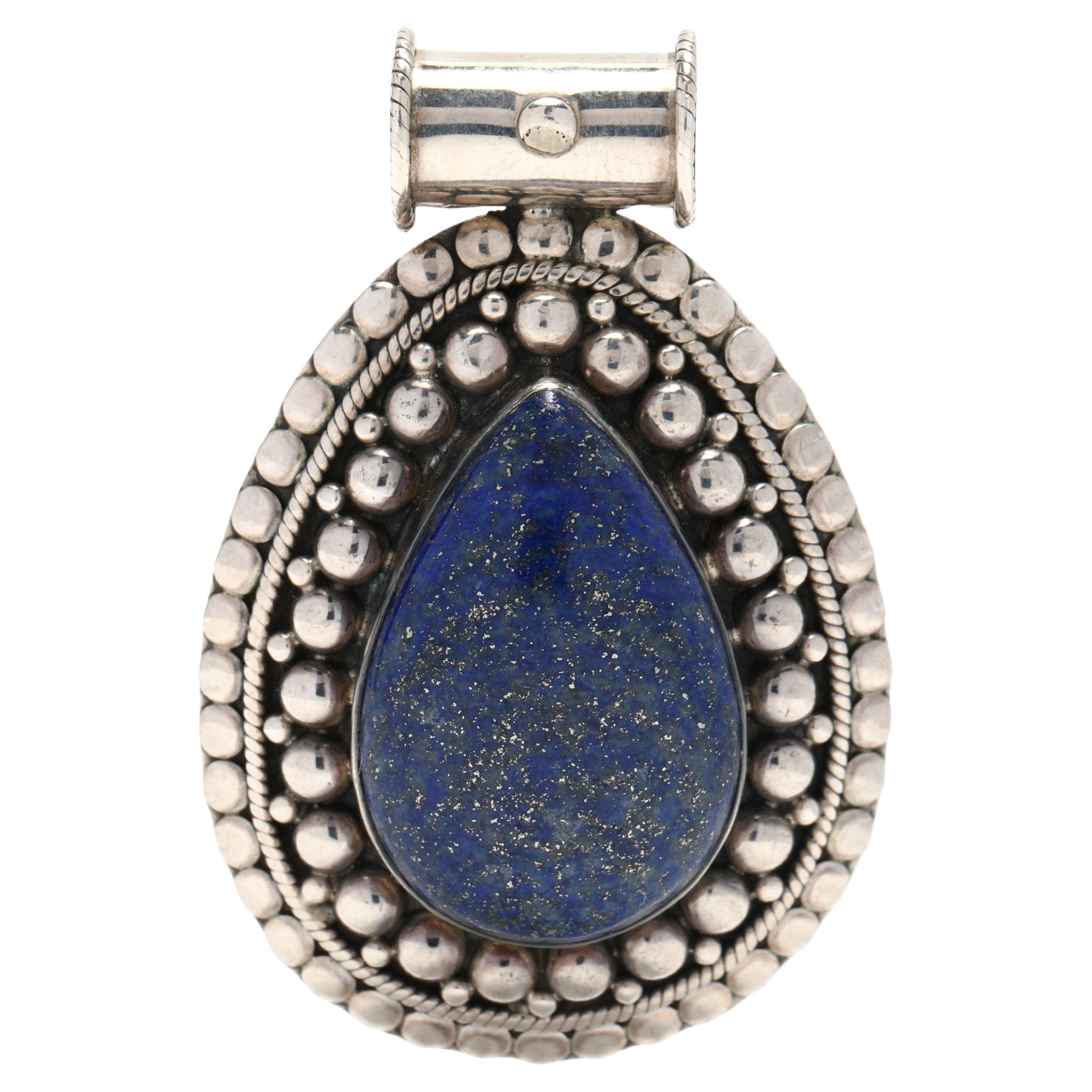 Grand pendentif vintage en lapis-lazuli et perles en forme de goutte d'eau, argent sterling, longueur 2,25