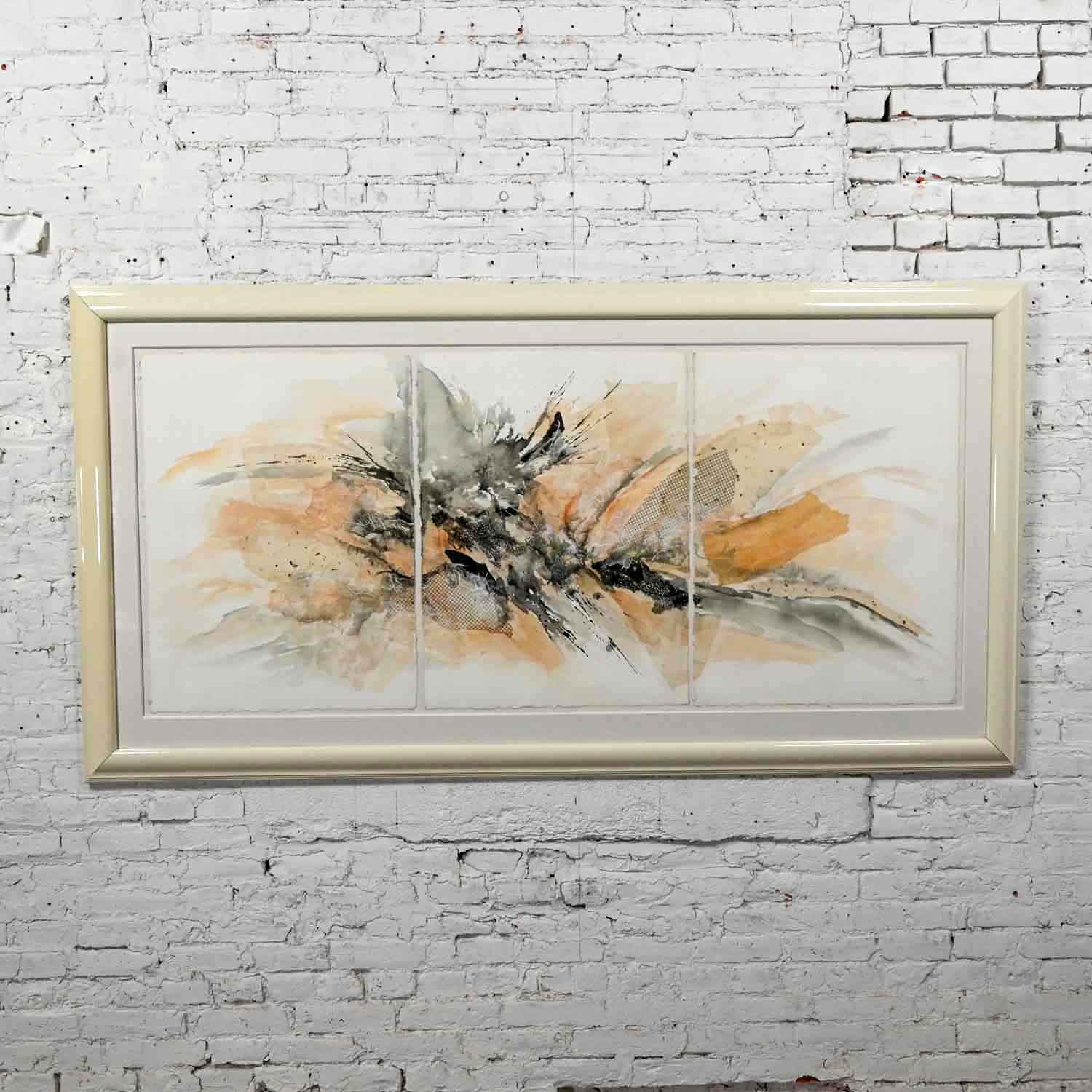 Gorgeous vintage large scale textured abstract mixed media triptych painting or wall art signed Koo. Beautiful condition, keeping in mind that this is vintage and not new so will have signs of use and wear. There is new paper and a hanger on the