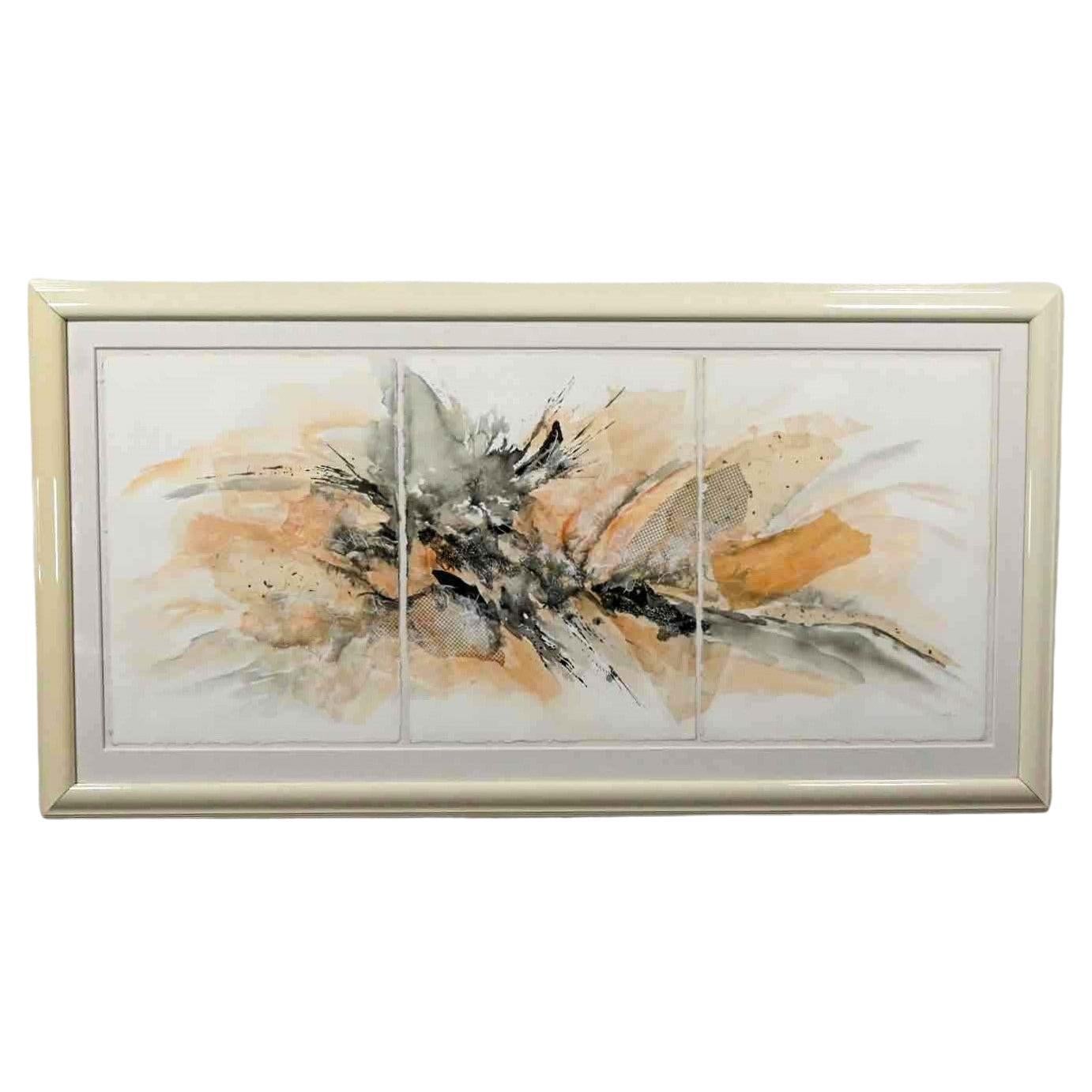 Vintage Large Textured Abstract Mixed Media Triptych Painting Wall Art by Koo