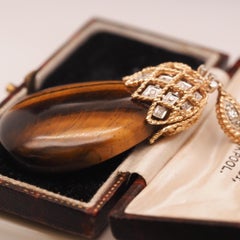 Vintage Large Tigers Eye 14K Yellow Gold Diamond Pendant