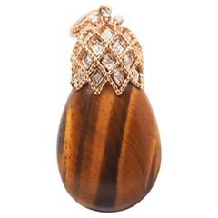 Retro Large Tigers Eye 14K Yellow Gold Diamond Pendant