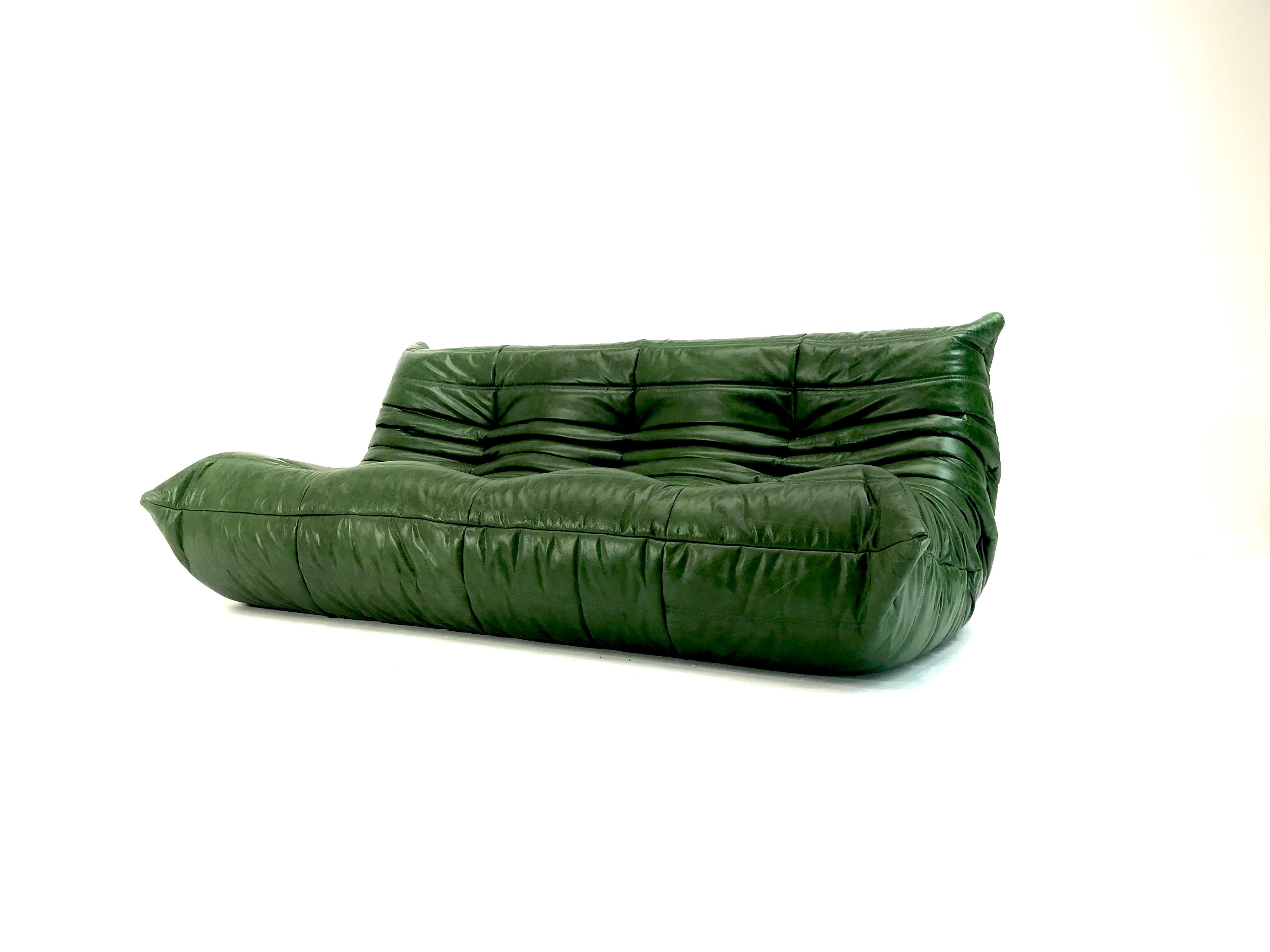 French Vintage Large Togo in Forest Green Leather by Michel Ducaroy for Ligne Roset