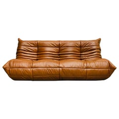 Vintage Large Togo Sofa in Dark Cognac Leather by M. Ducaroy for Ligne Roset