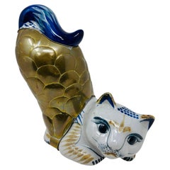 Vintage large Tonala Mexican Stretching Cat Ceramic and Brass Figurine