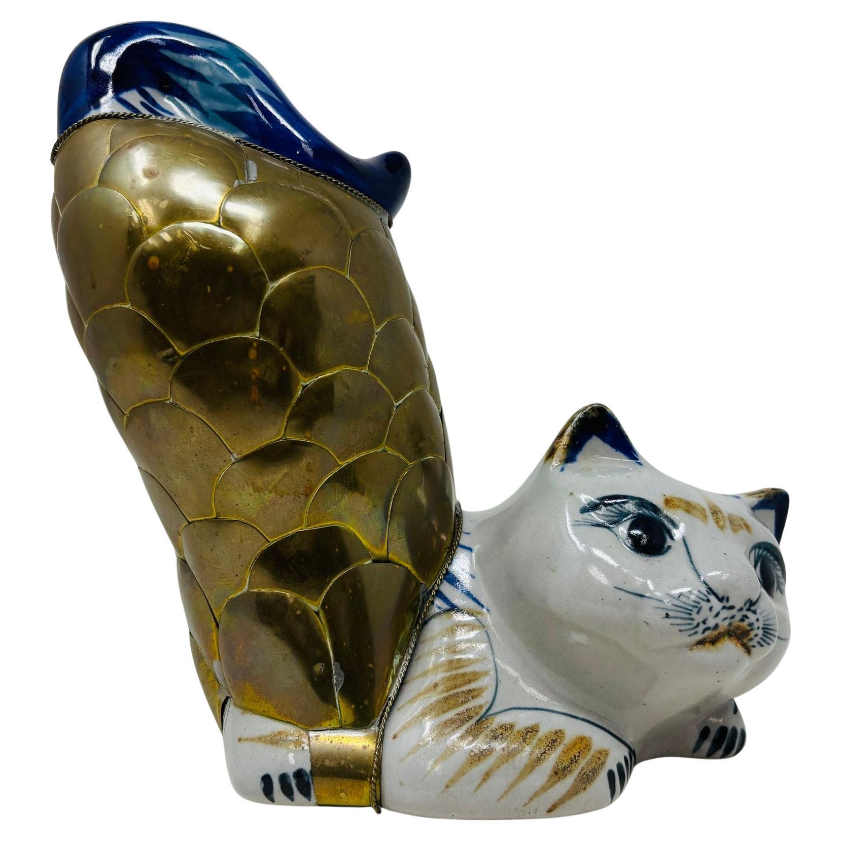 Vintage large Tonala Mexican Stretching Cat Ceramic and Brass Figurine