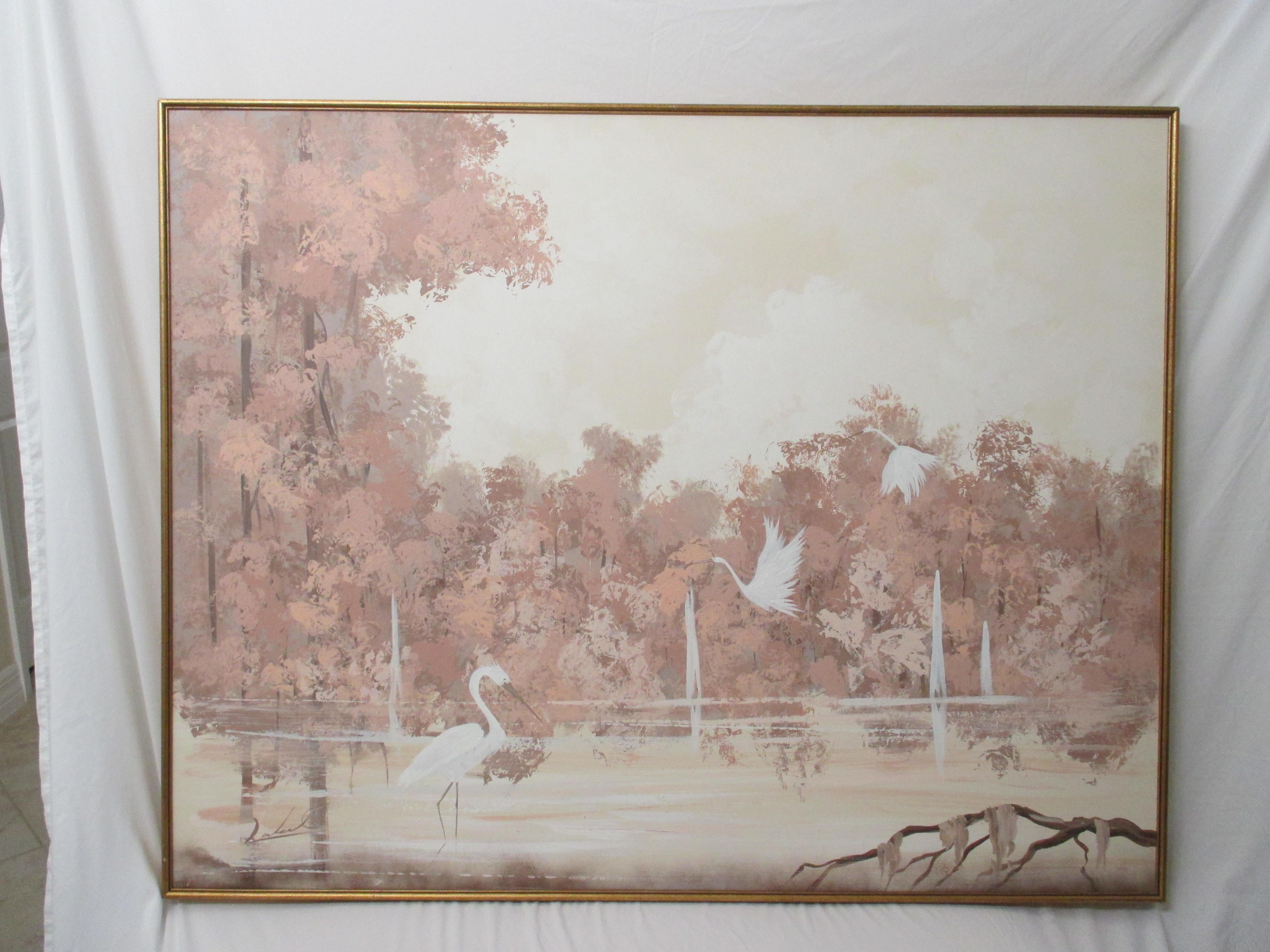 Painted Vintage Large Tropical Pink Painting For Sale