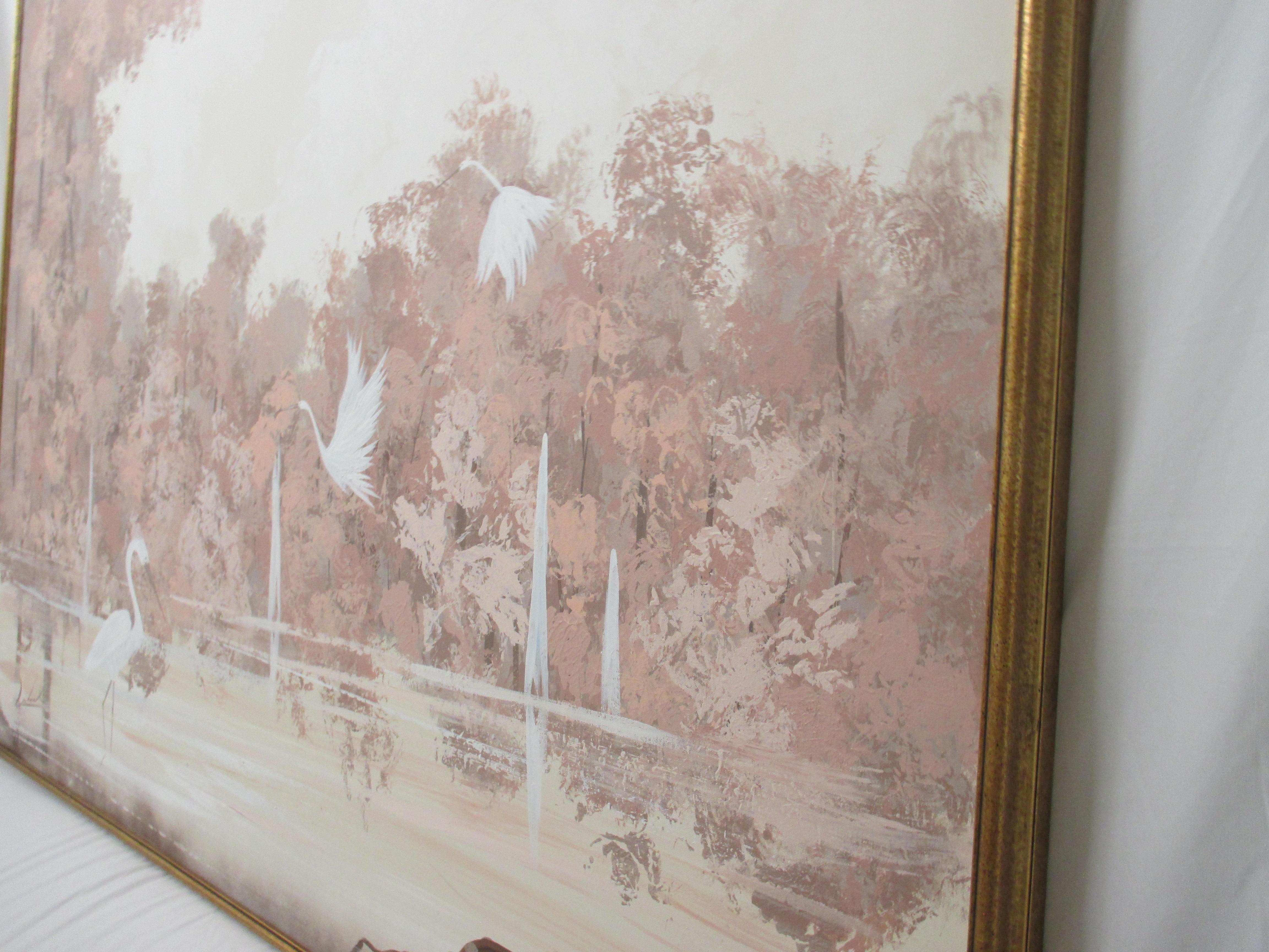 20ième siècle Grande peinture rose tropicale vintage en vente
