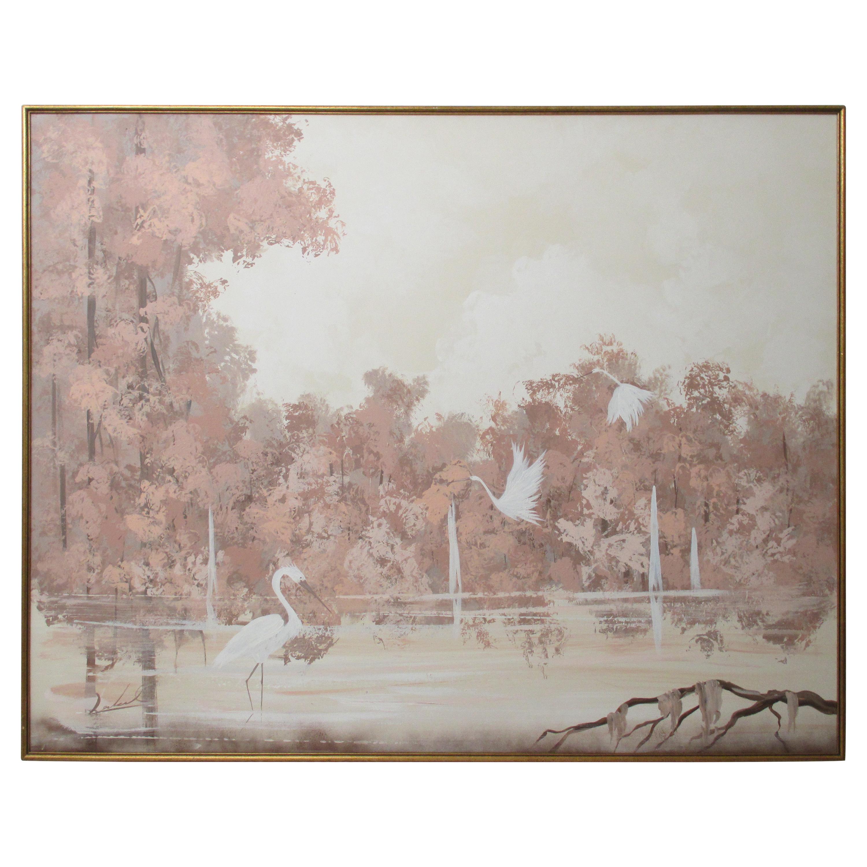 Vintage Large Tropical Pink Painting For Sale