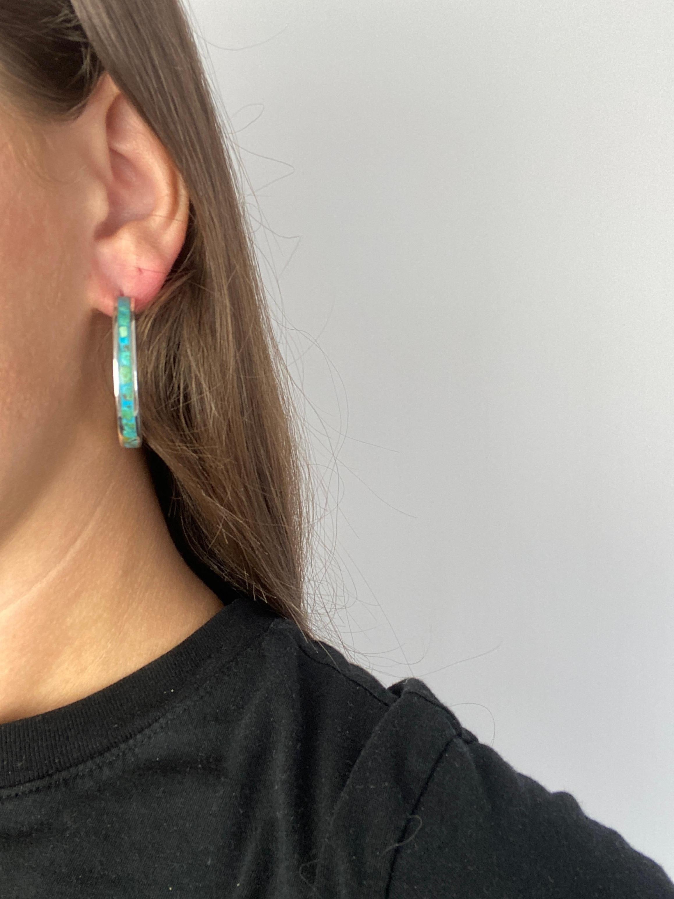 Vintage Large Turquoise Mosaic Hoop Earrings, Sterling Silver In Good Condition In McLeansville, NC