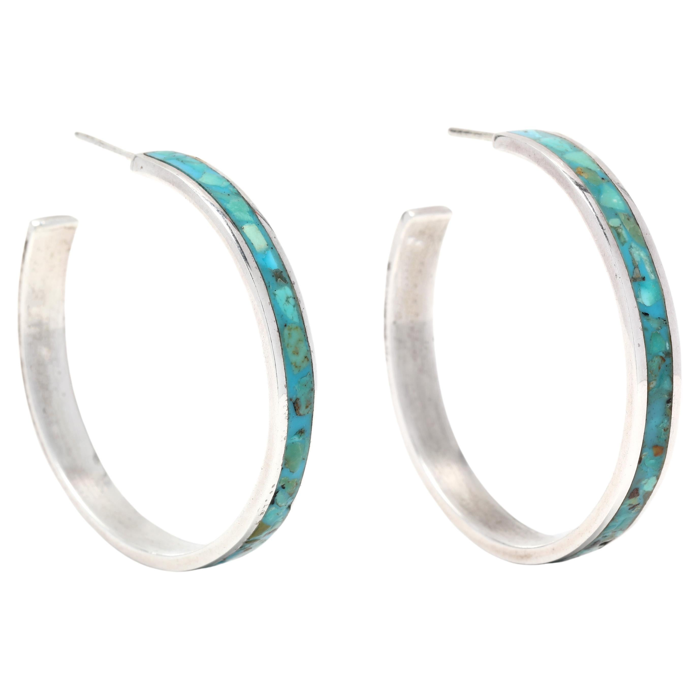 Vintage Large Turquoise Mosaic Hoop Earrings Sterling Silver For