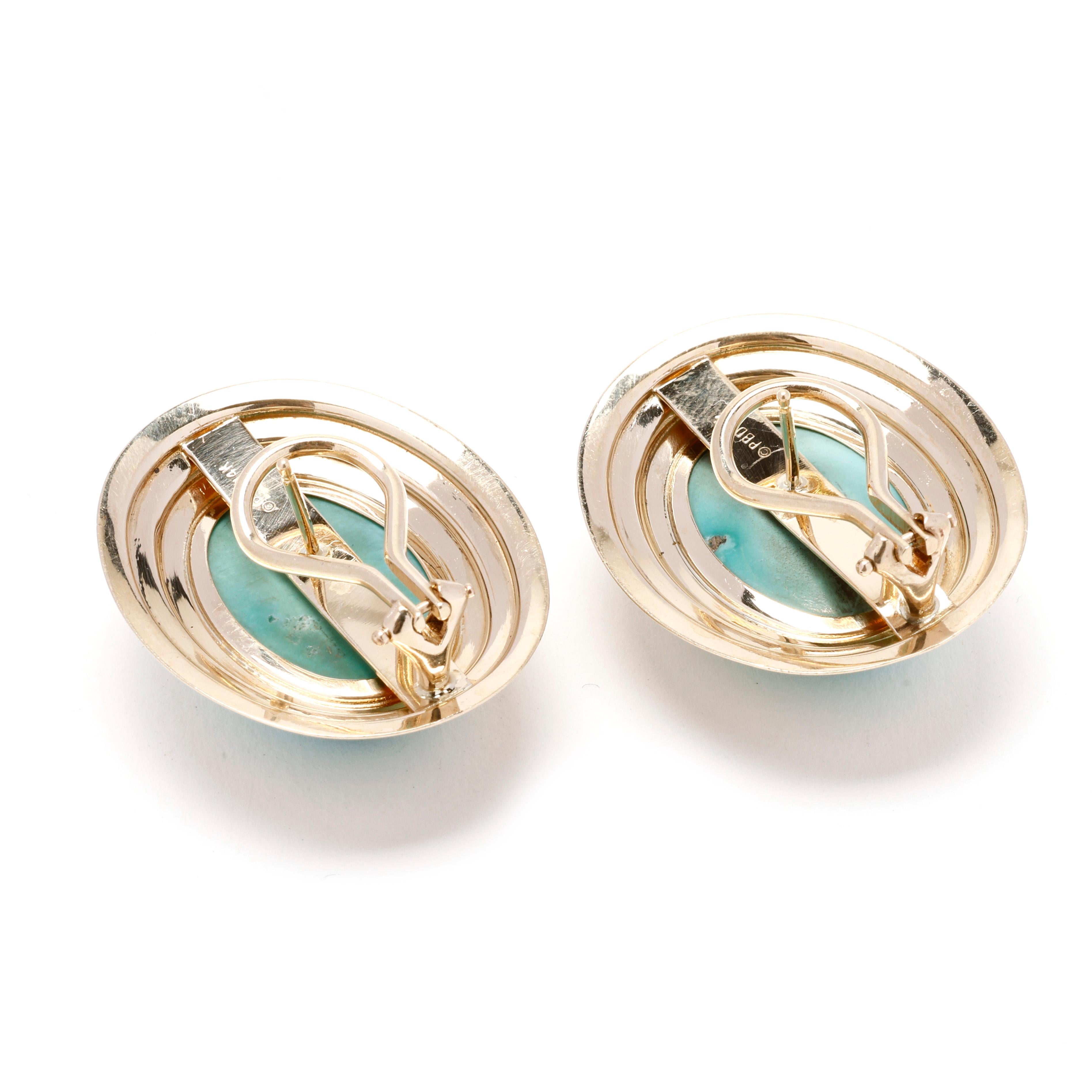 Step back in time with these exquisite Vintage Large Turquoise Oval Stud Earrings. Crafted in luxurious 14k yellow gold, these statement earrings feature vibrant turquoise gemstones set in classic oval studs, showcasing a timeless design that exudes