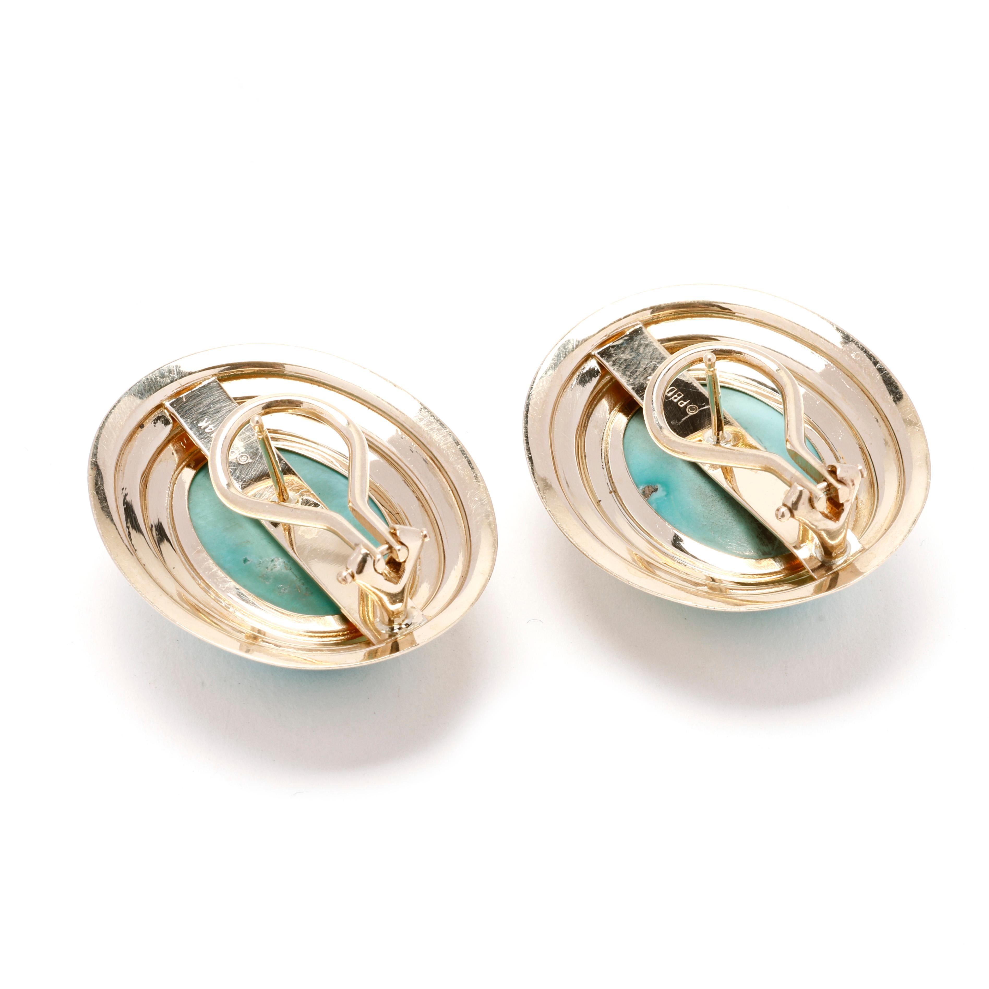 Stones:
 - turquoise, 2 stones
- oval cab
- 18 x 12.5 mm

Length: 1 in.

Width: 7/8 in.

Weight: 7.3 dwts/ 1.3 grams

Stamps: 14K

A Couple Of Things to Note:
* This is a vintage item and may show signs of wear. It has been cleaned.
* Please feel