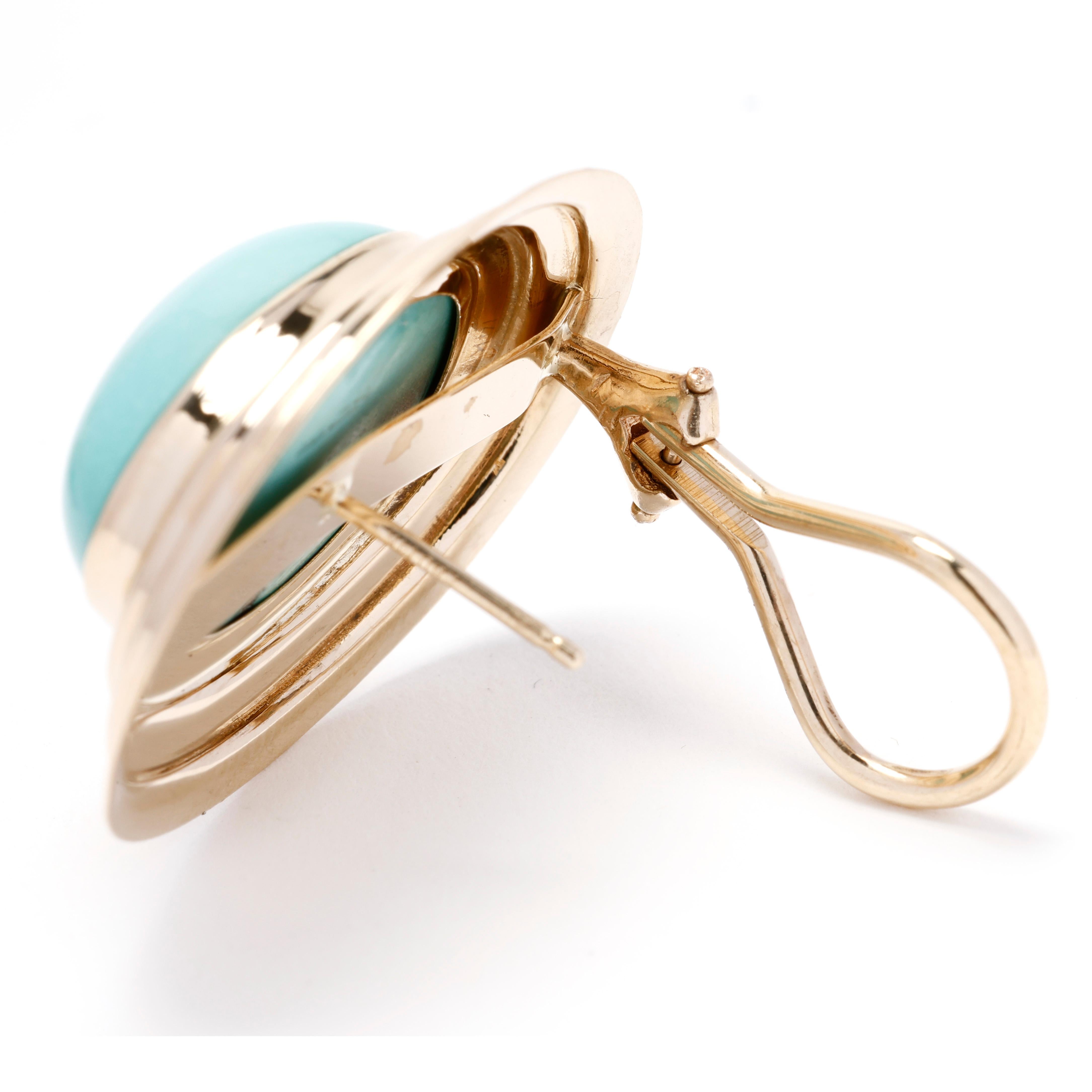 Vintage Large Turquoise Oval Stud Earrings, 14k Yellow Gold, Length 1 inch In Good Condition For Sale In McLeansville, NC