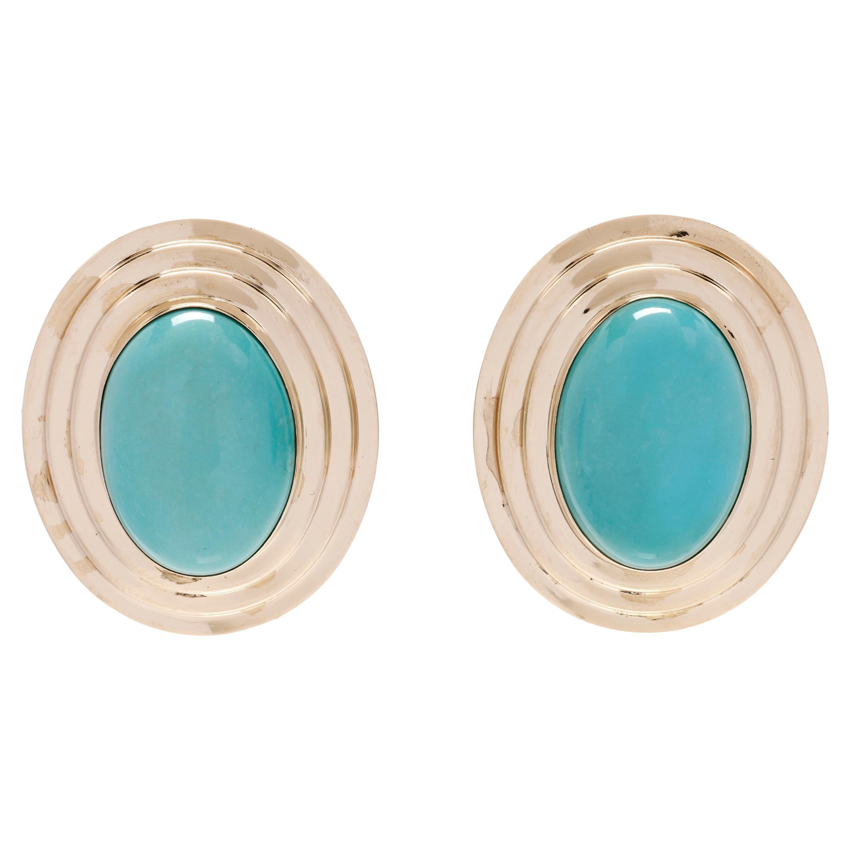 Vintage Large Turquoise Oval Stud Earrings, 14k Yellow Gold, Length 1 inch For Sale