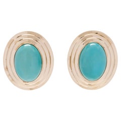 Vintage Large Turquoise Oval Stud Earrings, 14k Yellow Gold, Length 1 inch