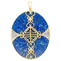 Vintage Large Undyed Blue Lapis 14k Yellow Gold and Diamond Pendant