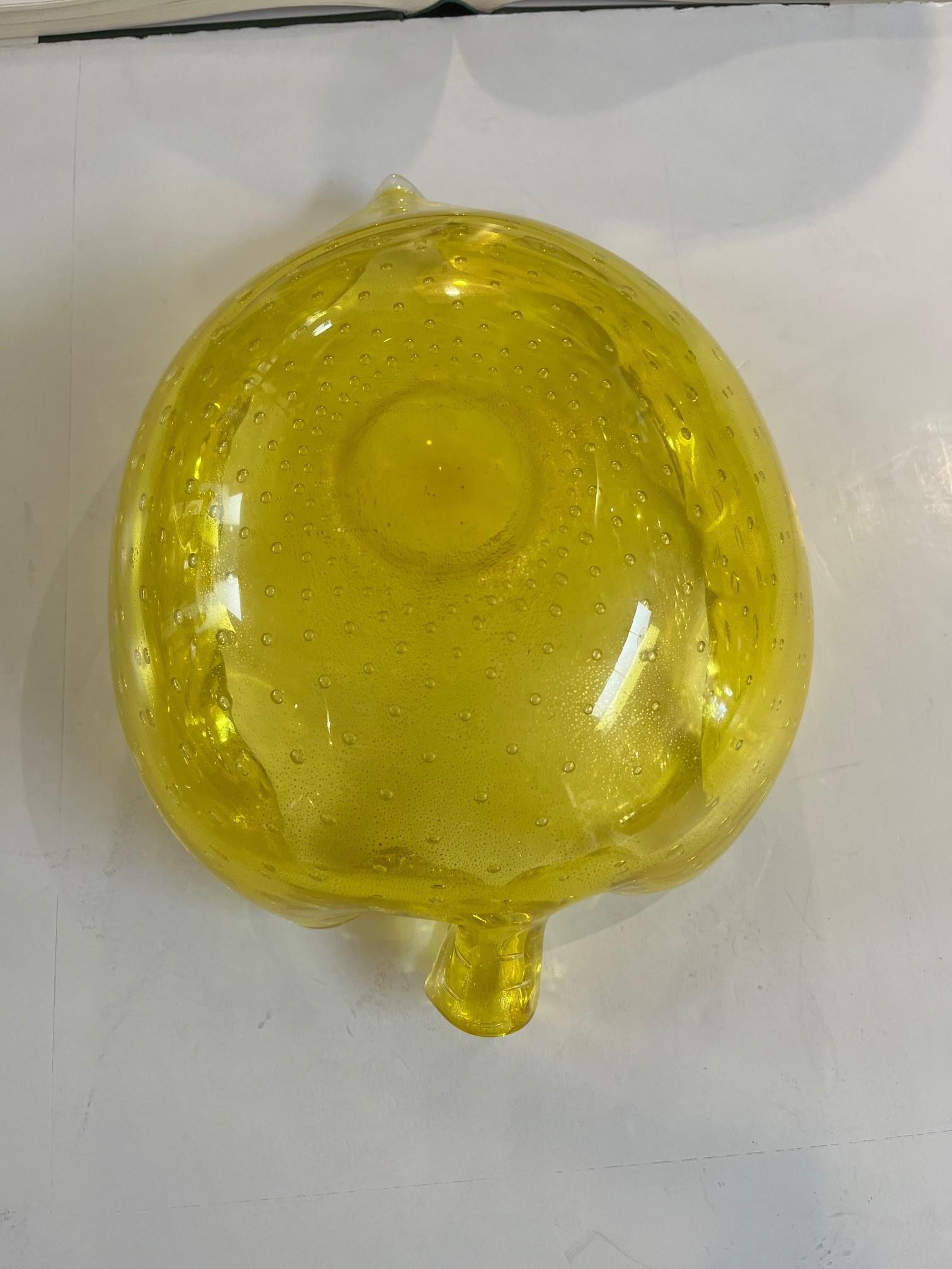 Mid-20th Century Vintage Large Vibrant Murano Mid Century Yellow Bullicante Art Leaf Form Bowl For Sale