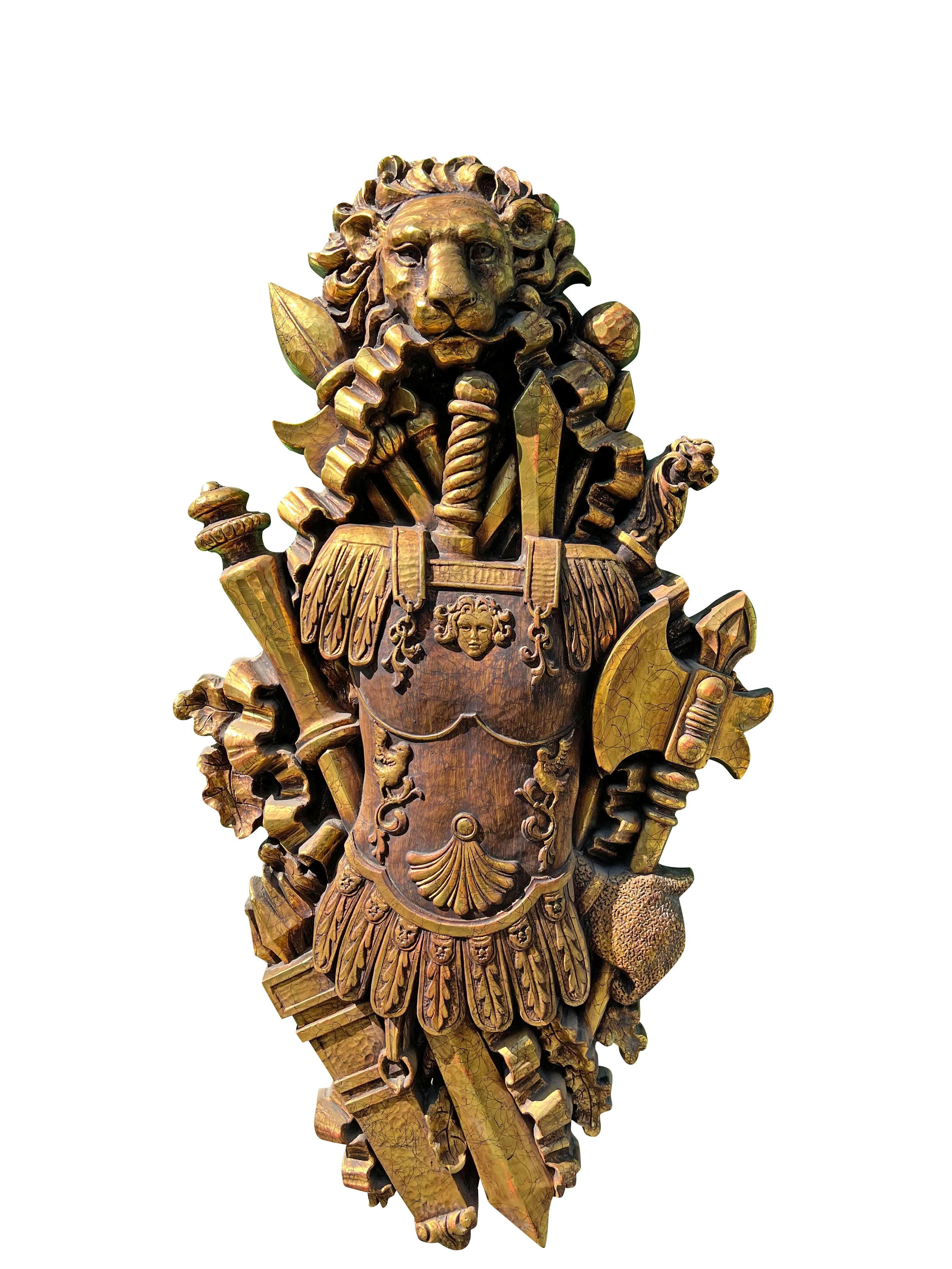 American Vintage Large Wall Art Form Lion Knights Sword Sculpture Medieval Style For Sale