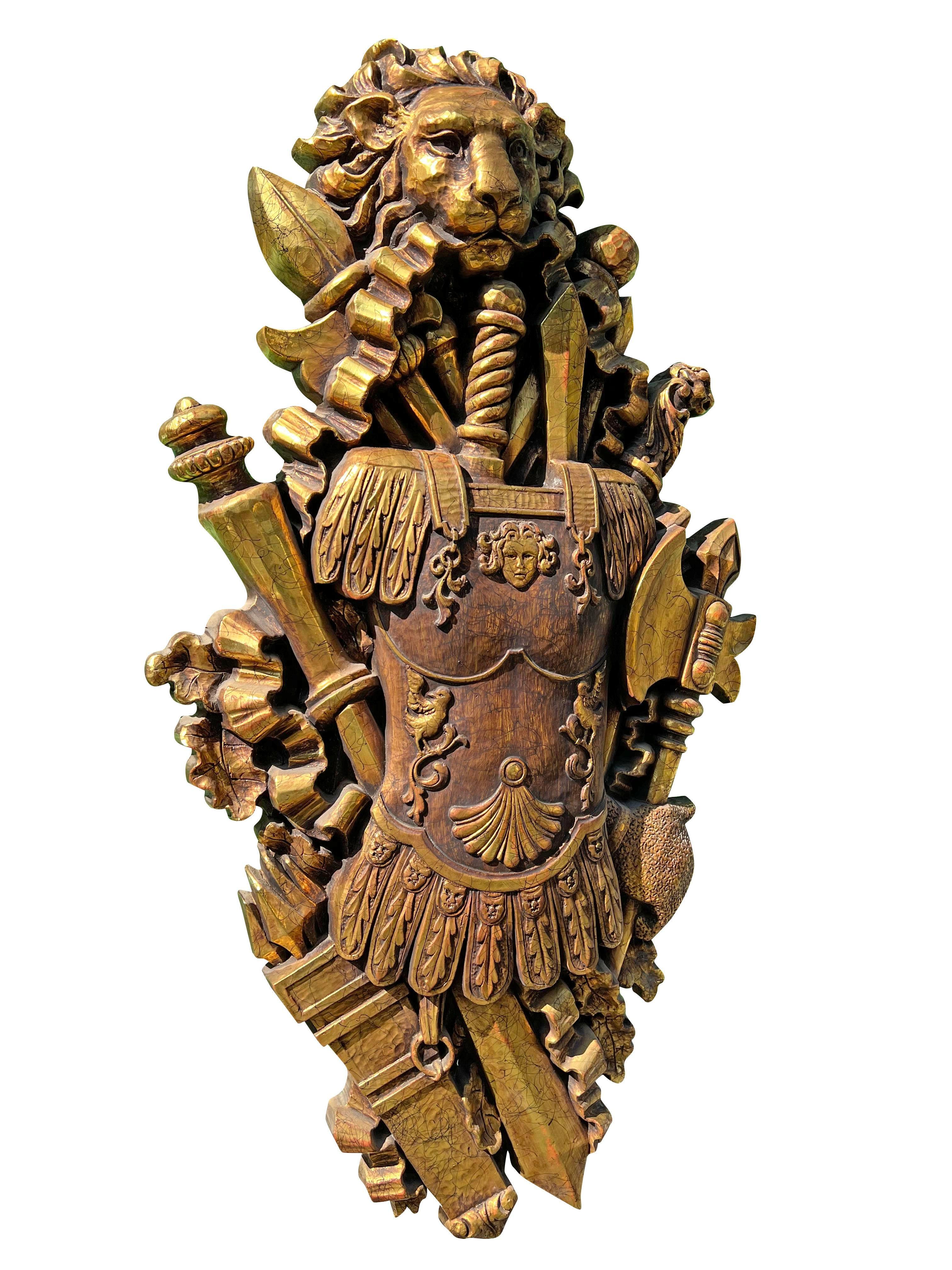 Mid-20th Century Vintage Large Wall Art Form Lion Knights Sword Sculpture Medieval Style For Sale