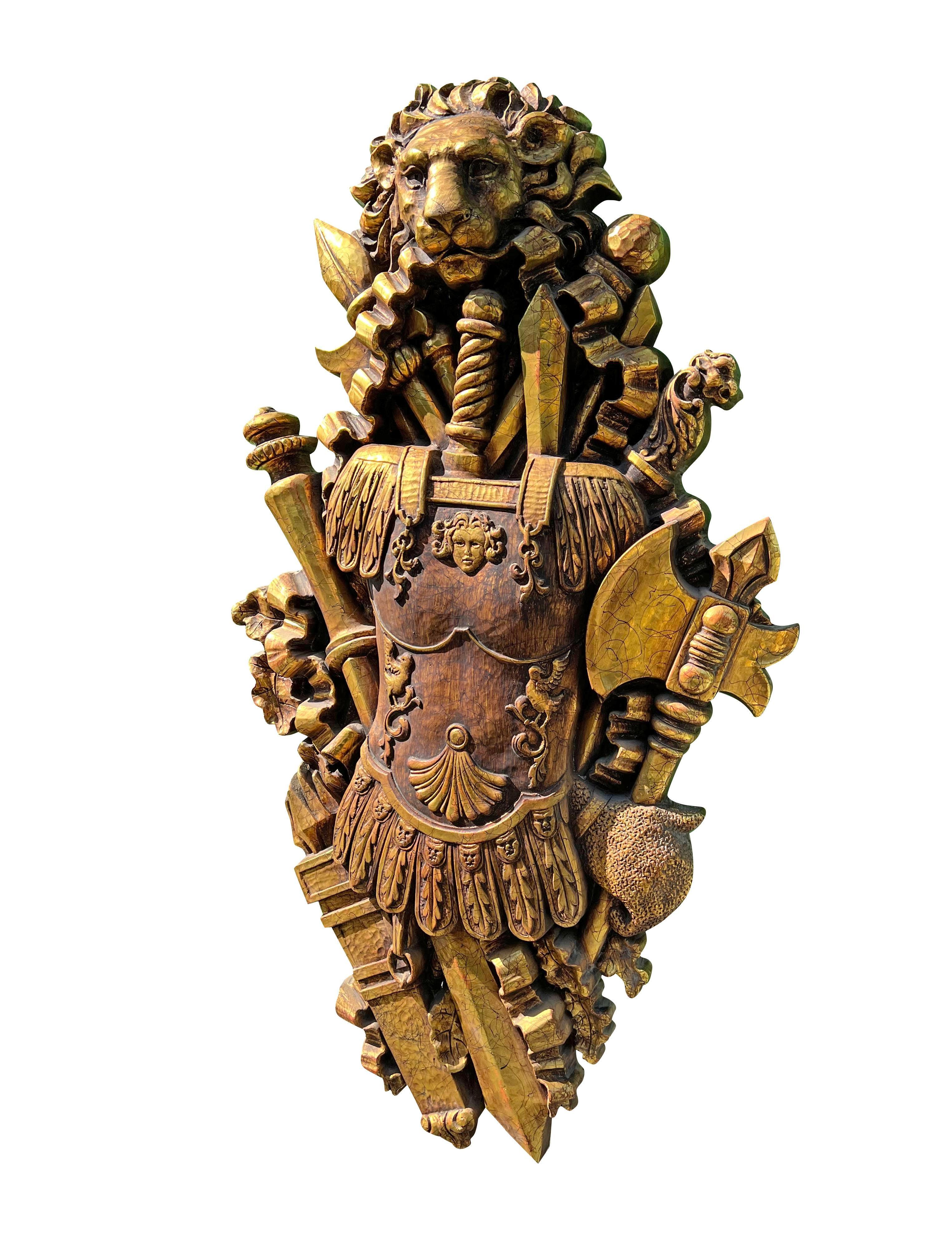 Vintage Large Wall Art Form Lion Knights Sword Sculpture Medieval Style For Sale 1