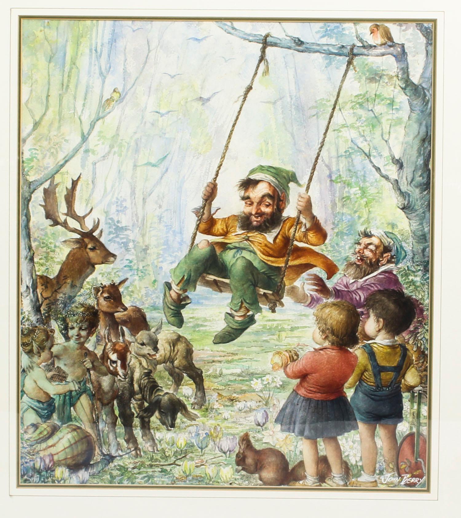 A large lovely vintage watercolor by John Berry of Rumpelstiltskin, circa 1960 in date.

The watercolor features Rumpelstiltskin sitting on a swing in a forest surrounded by children and forest animals.

Provenance: Malvern Wells Gallery,