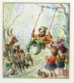 Vintage Large Watercolor by John Berry of Rumpelstiltskin, Mid-20th Century