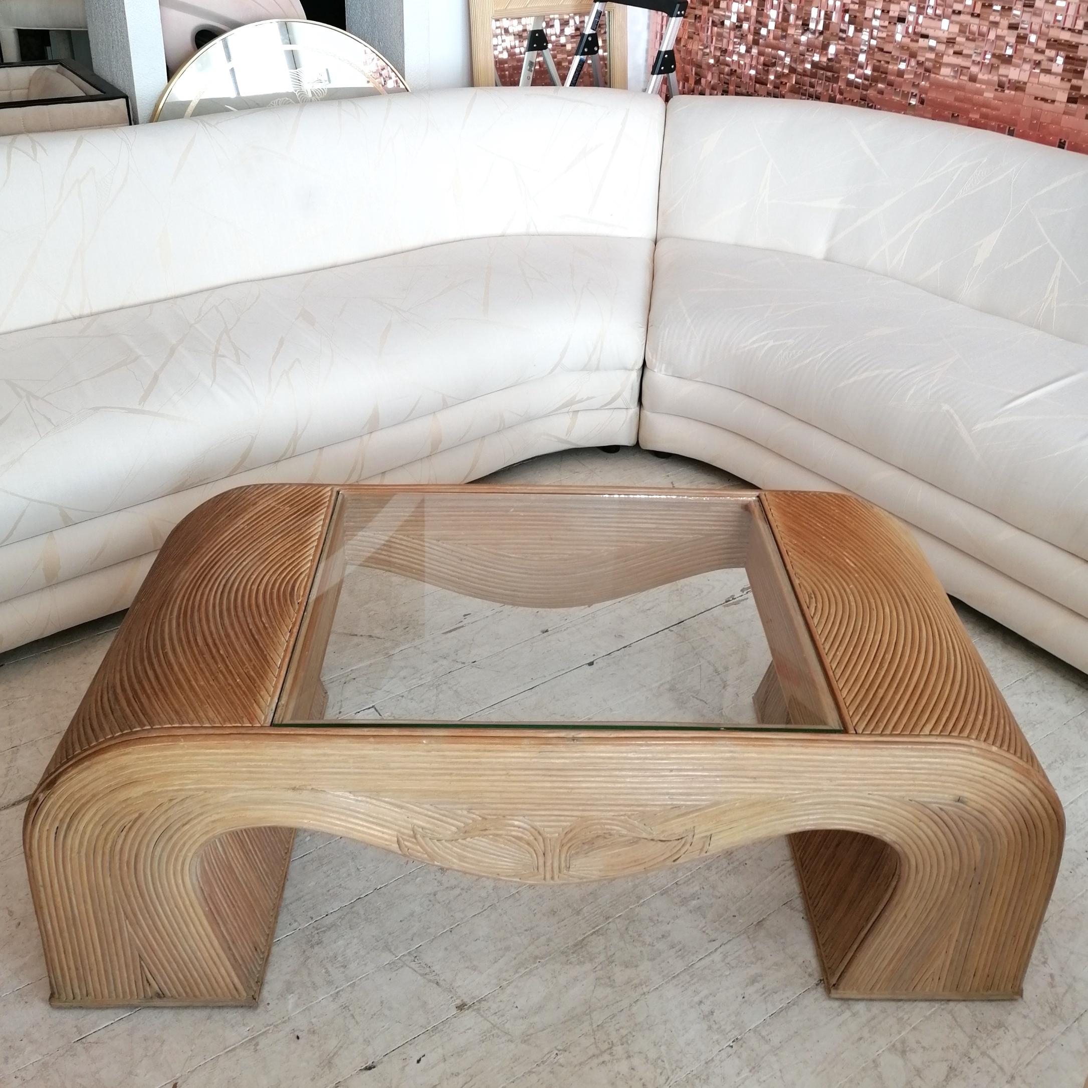Vintage Large Waterfall Pencil Reed / Cane & Glass Coffee Table USA, circa 1980s For Sale 5