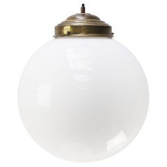 Vintage Large White Opaline Glass Globe Brass Pendant Light