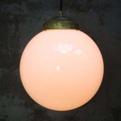 Vintage Large White Opaline Glass Globe Brass Pendant Lights