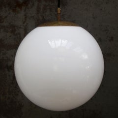 Vintage Large White Opaline Glass Globe Brass Pendant Lights