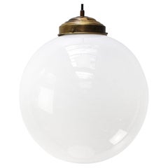 Vintage Large White Opaline Glass Globe Brass Pendant Lights