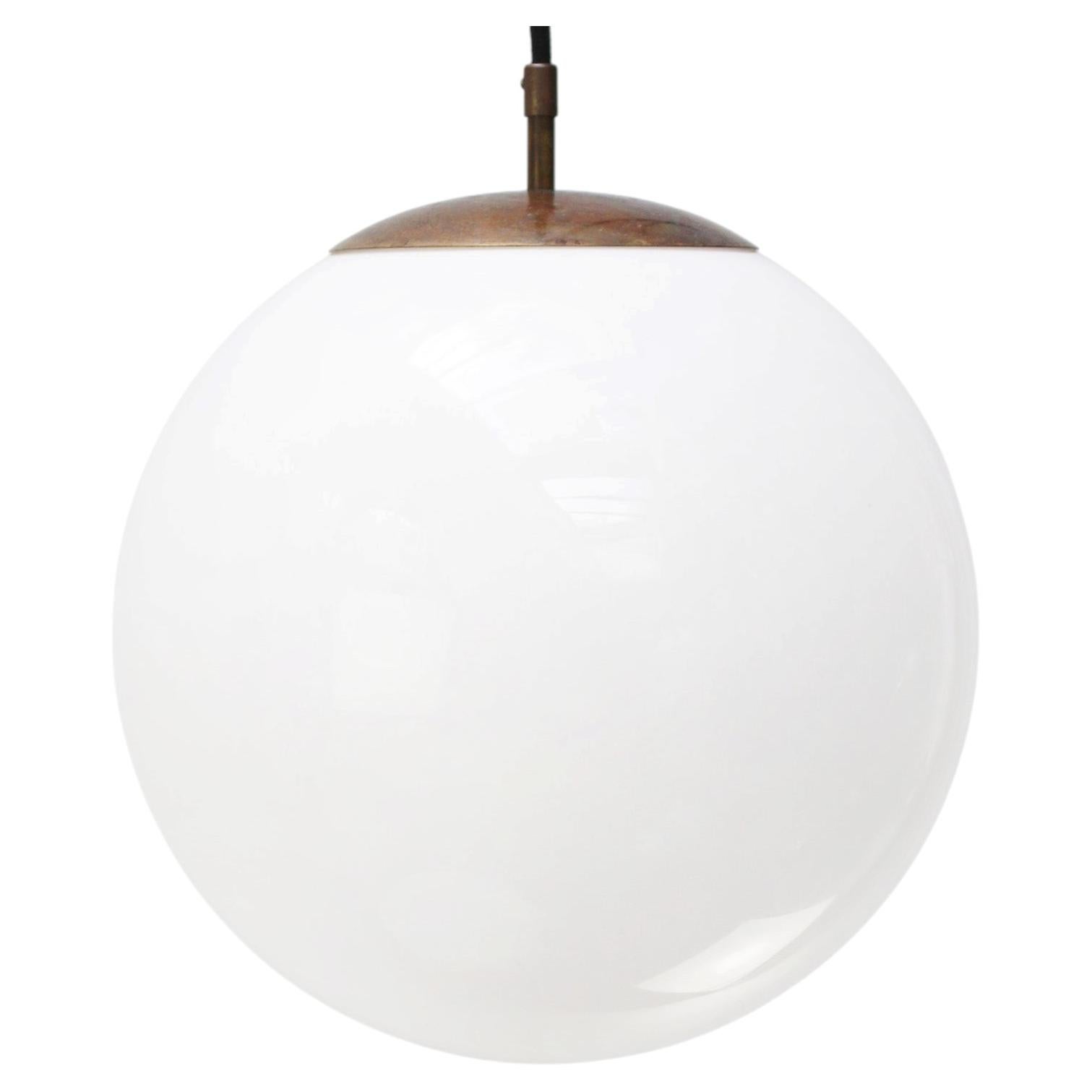 Vintage Large White Opaline Glass Globe Brass Pendant Lights