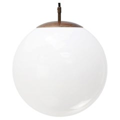Vintage Large White Opaline Glass Globe Brass Pendant Lights