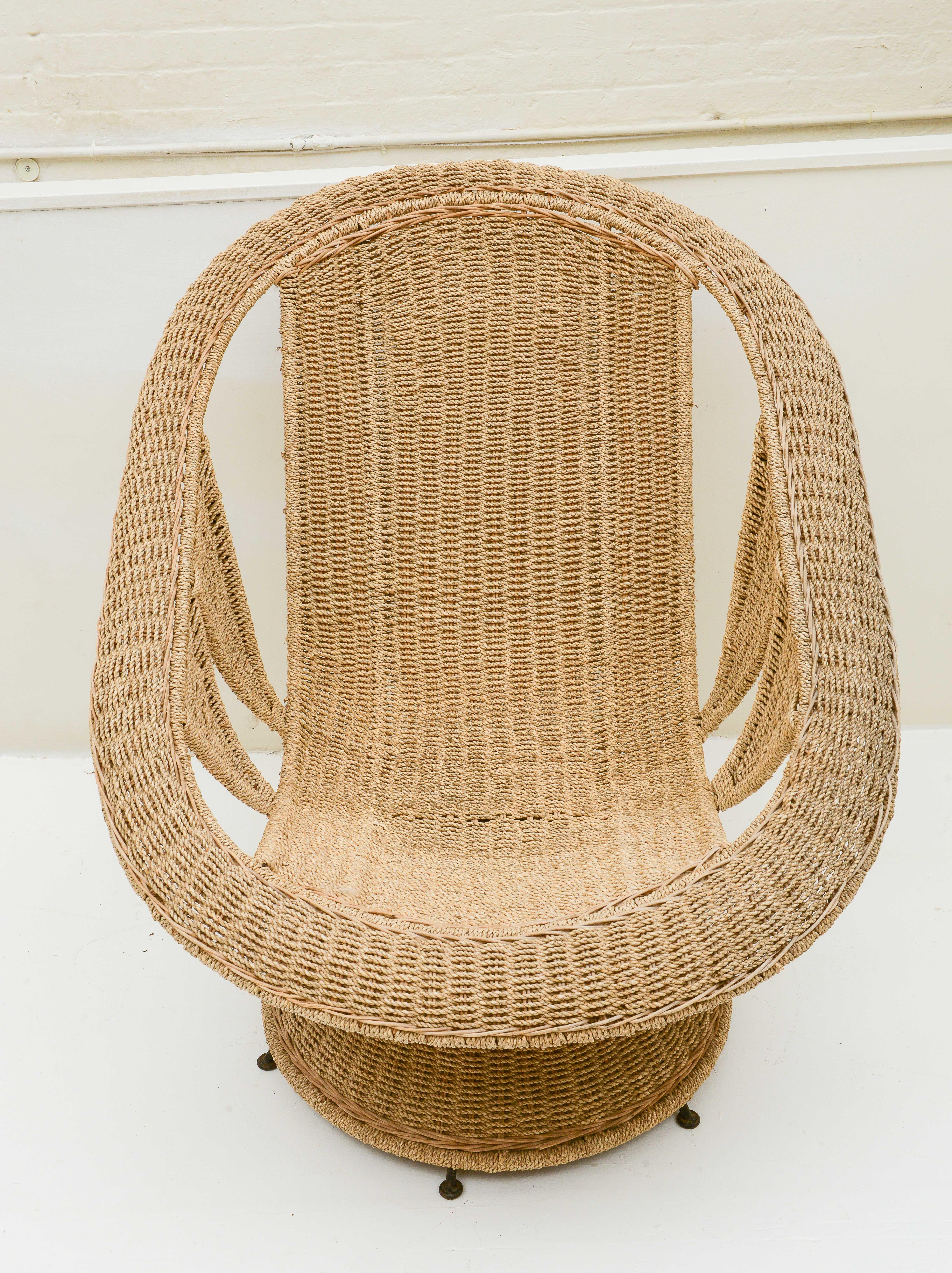 20th Century Vintage Large Wicker Woven Chair with Incredible Detailing, France, 1970's For Sale