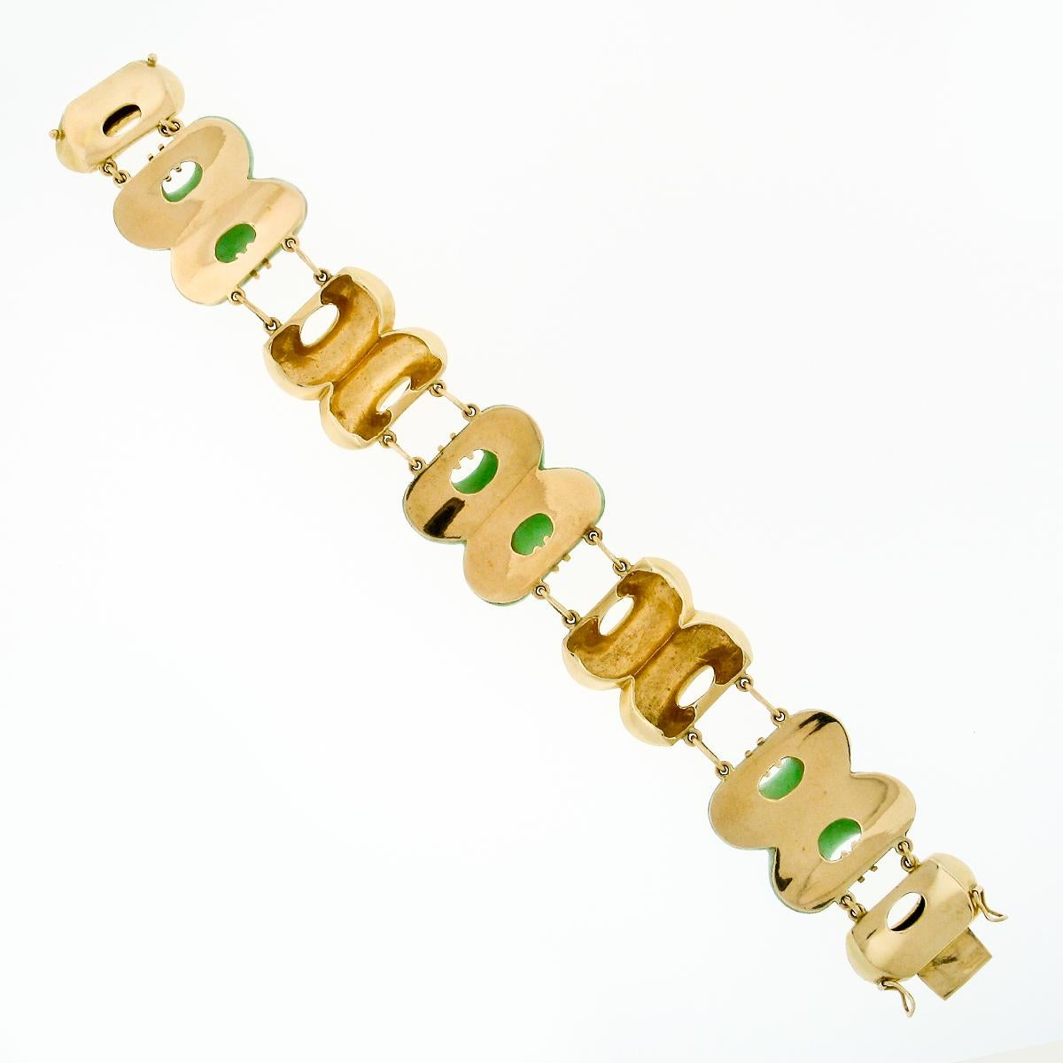 Round Cut Vintage Large Wide Heavy Alternating Pierced Jade & Solid 14k Gold Bracelet For Sale
