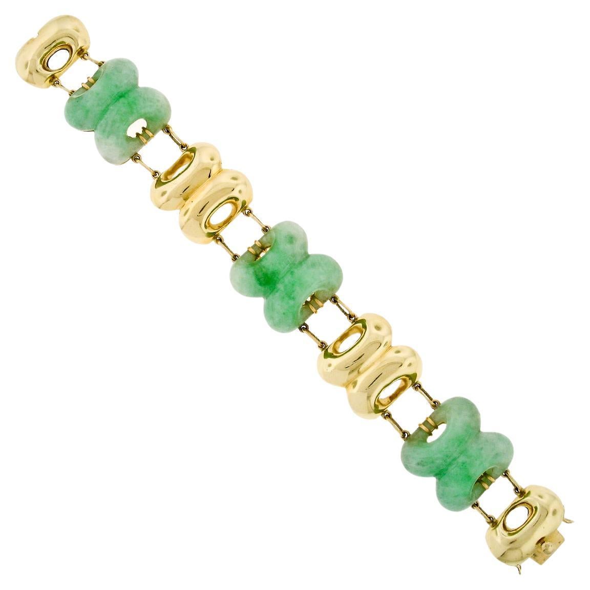 Vintage Large Wide Heavy Alternating Pierced Jade & Solid 14k Gold Bracelet For Sale