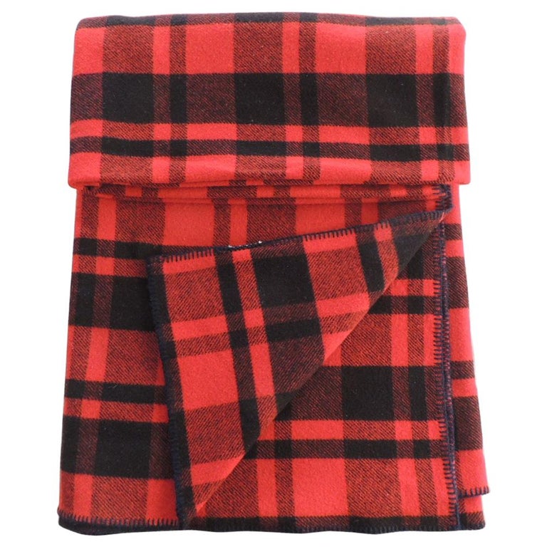 Vintage Large Wool Red and Black Plaid Blanket For Sale at 1stDibs