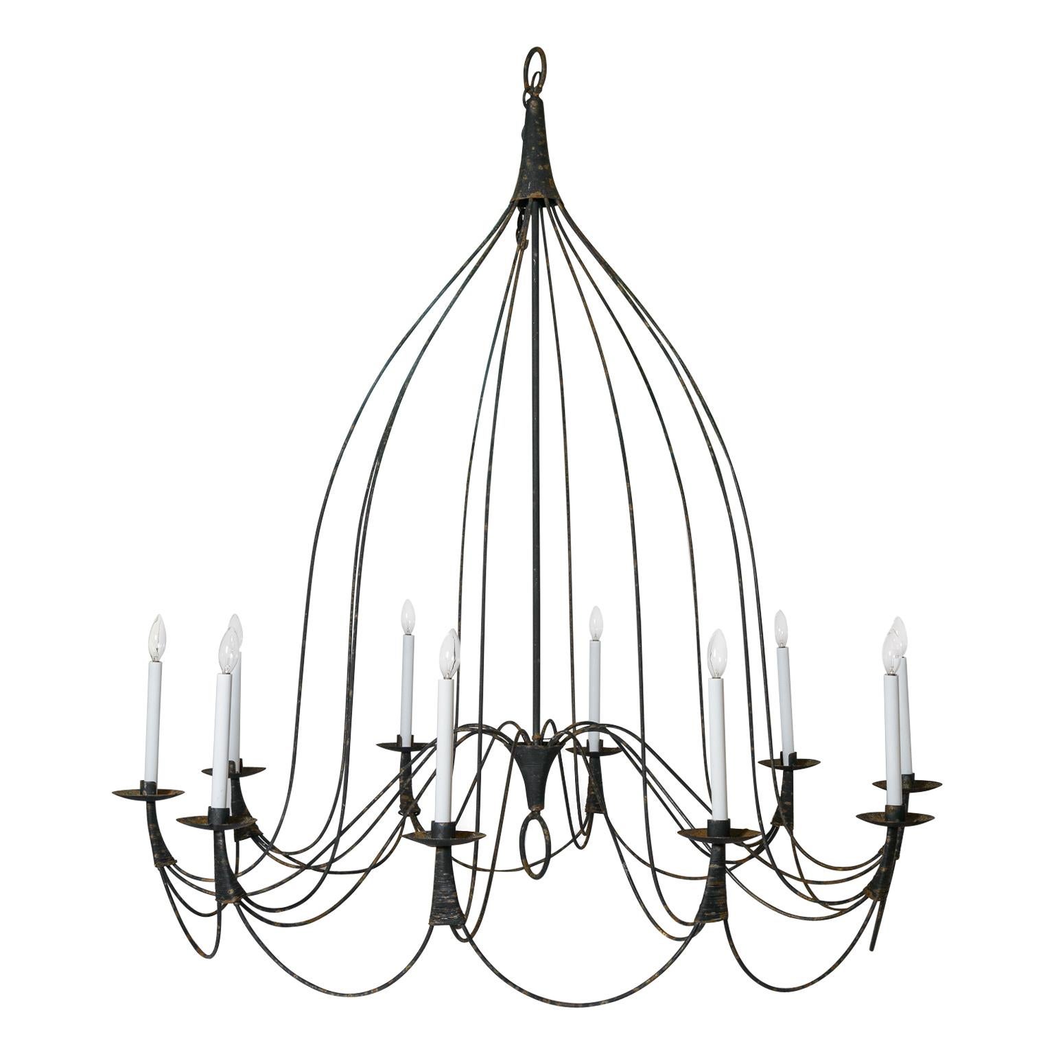Vintage Large Wrought Iron 10 Candle Lights Chandelier For Sale 1