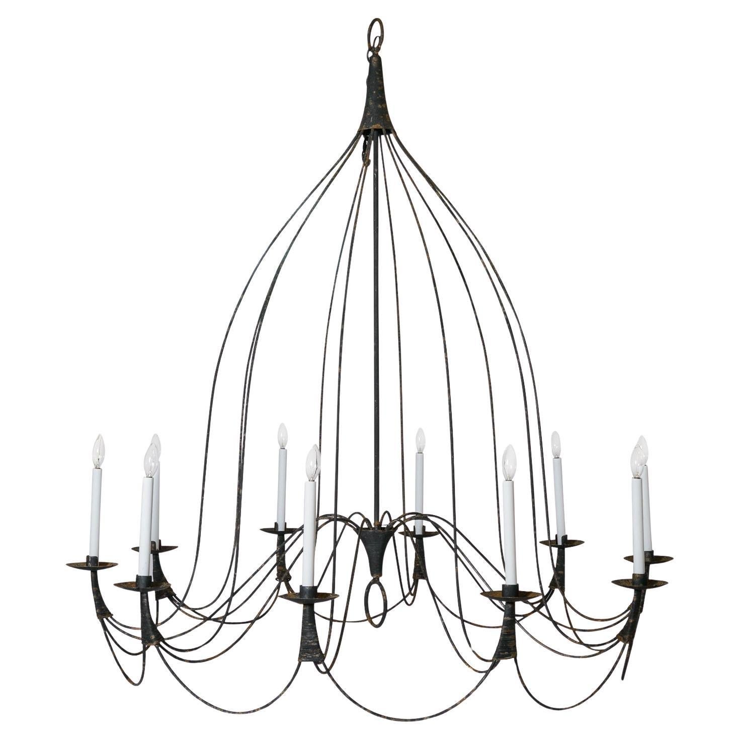 Vintage Large Wrought Iron 10 Candle Lights Chandelier For Sale