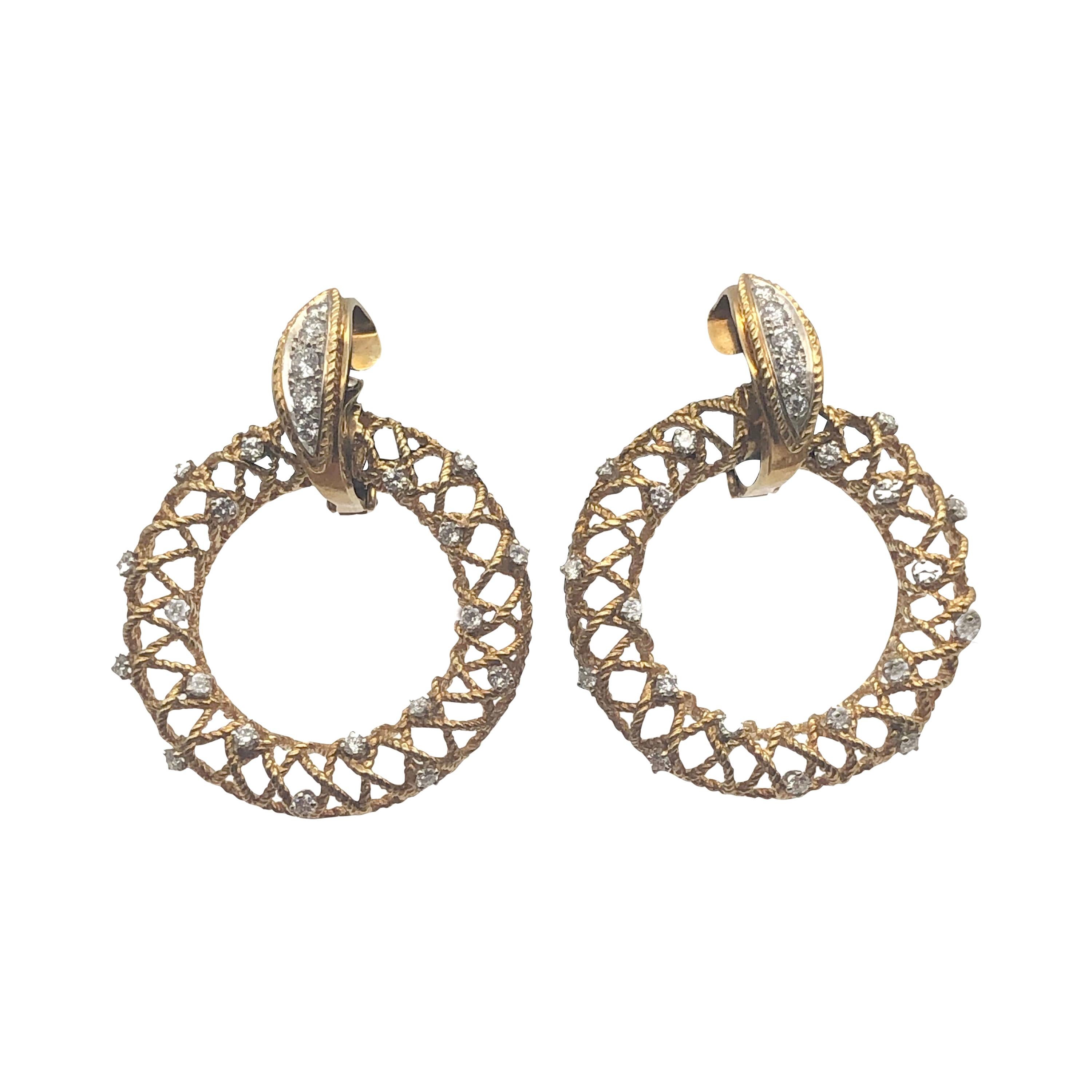 Vintage Large Yellow Gold and Diamond Circle Earrings