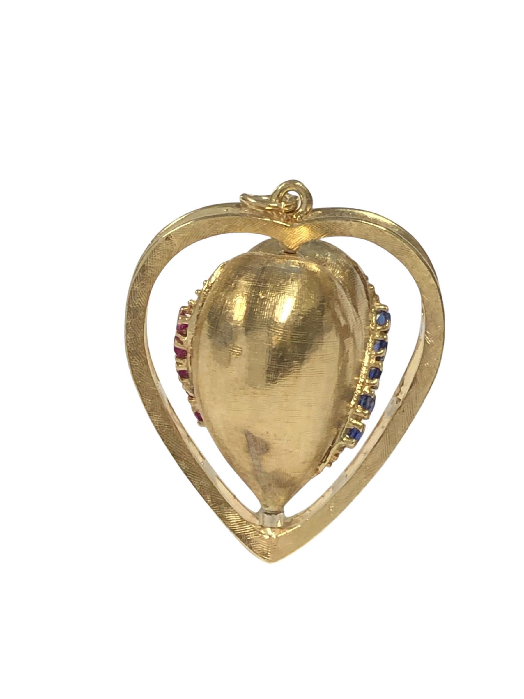 Round Cut vintage large Yellow Gold and Gem set spinning Heart Charm Bracelet Charm