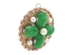 Vintage Large Yellow Gold Jade & Pearl 4 Leaf Clover Charm Pendant Pin Brooch