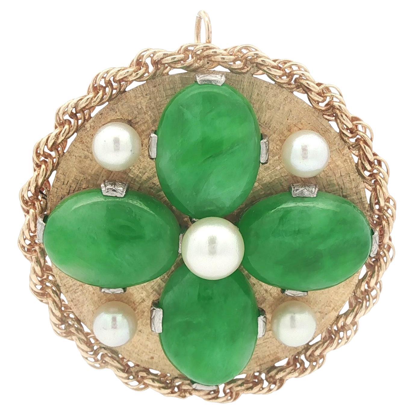 Vintage Large Jade or jaune et perle 4 feuilles trèfle breloque pendentif broche