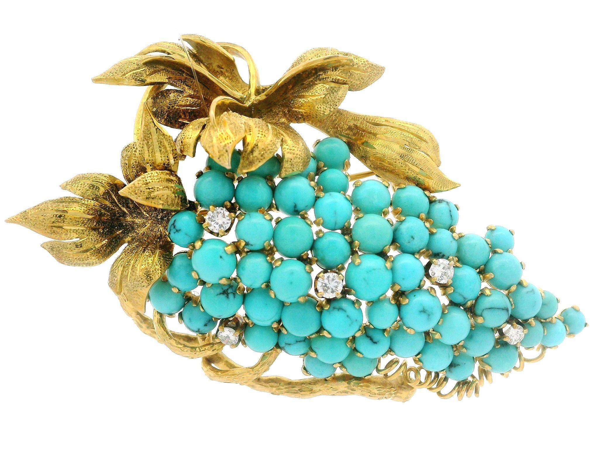 Cabochon Vintage Branch grande in oro giallo, turchese e diamanti, con tralcio di vite, spilla in vendita