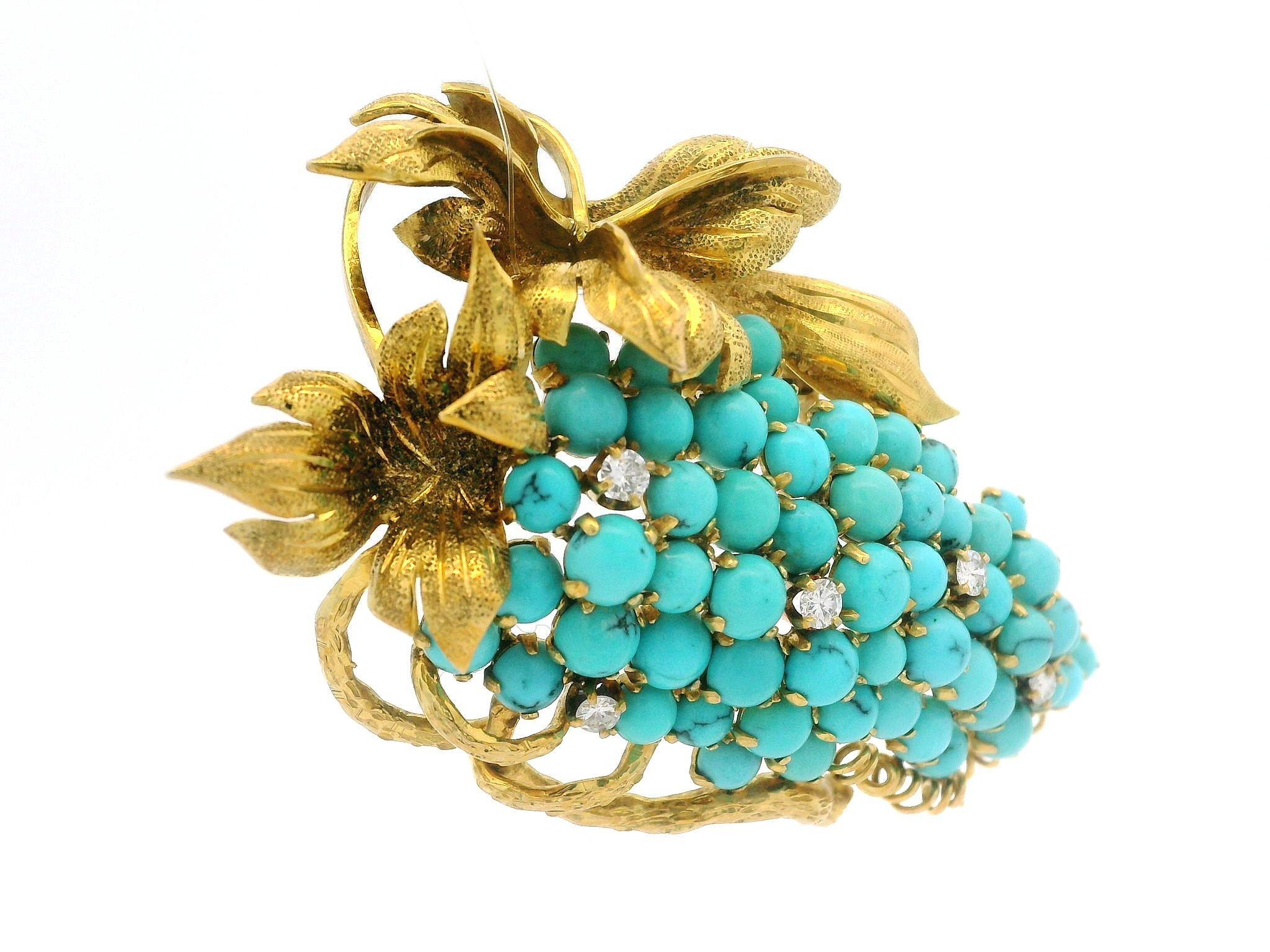 Vintage Branch grande in oro giallo, turchese e diamanti, con tralcio di vite, spilla In condizioni buone in vendita a Montclair, NJ
